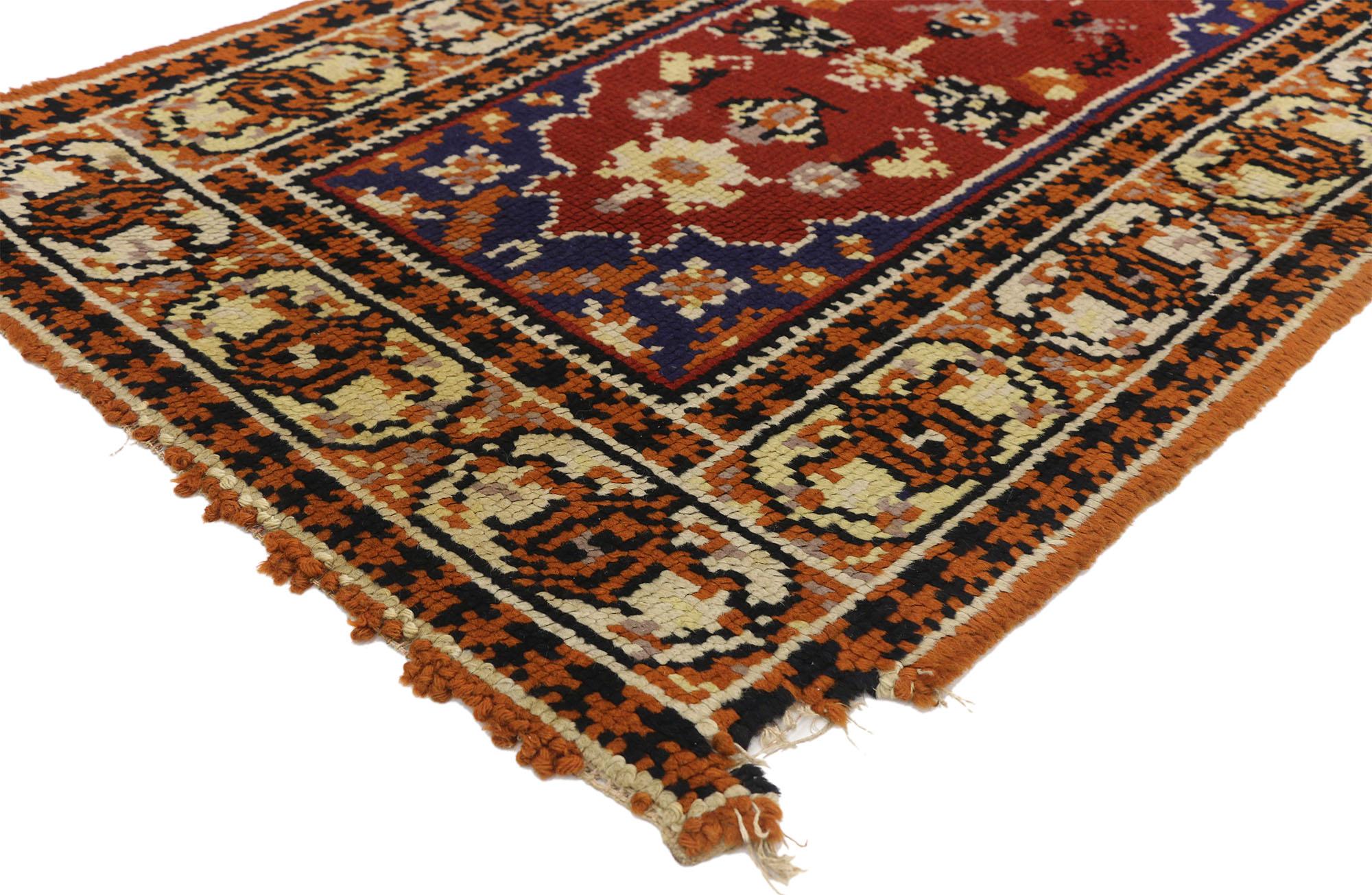 74638 Small Vintage European Rug, 03'00 x 04'10. Nostalgic charm meets rugged beauty in this hand knotted wool vintage European rug. The abstract botanical design and traditional color palette woven into this piece work creating a rustic yet refined