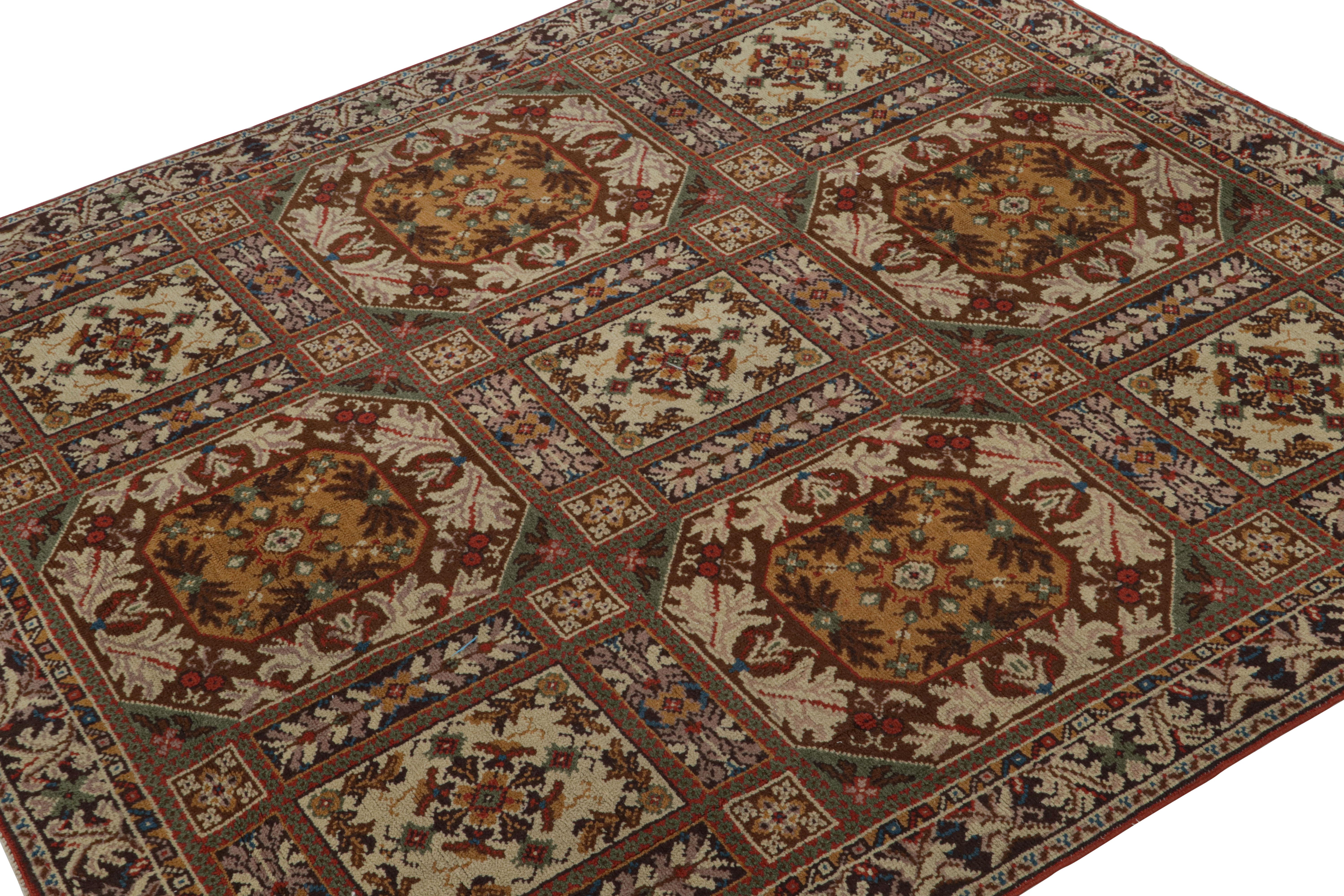 Hand-knotted in wool, a vintage 5x5 European rug believed to originate from Ireland circa 1940-1950.

On the Design:

In this piece, beige-brown underscores an all over pattern with both geometric and florals alike—particularly rich in its many