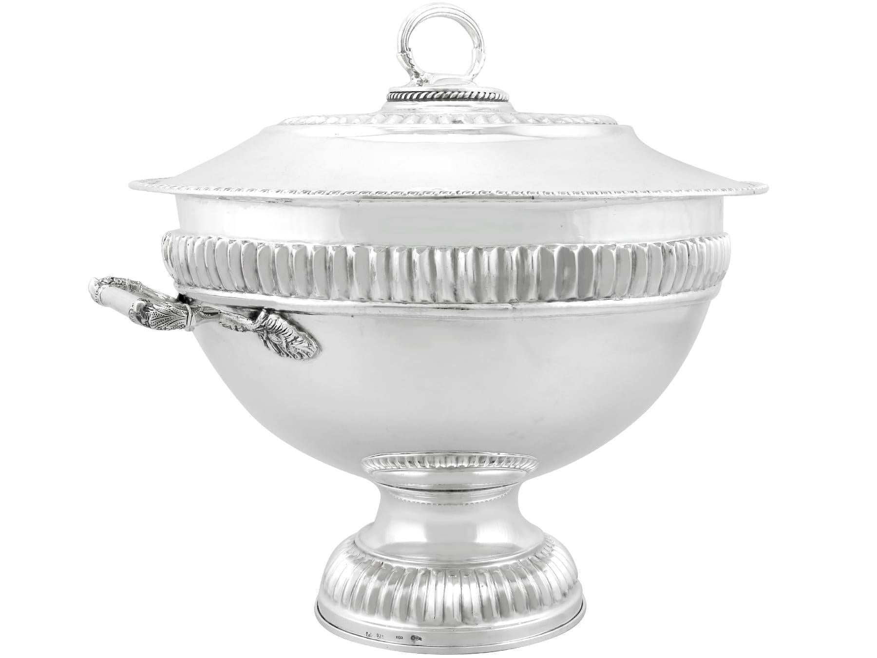 An exceptional, fine and impressive vintage European silver soup tureen; an addition to our silver dining collection.

This exceptional vintage silver tureen has a circular rounded form onto a circular domed spreading foot.

The surface of this