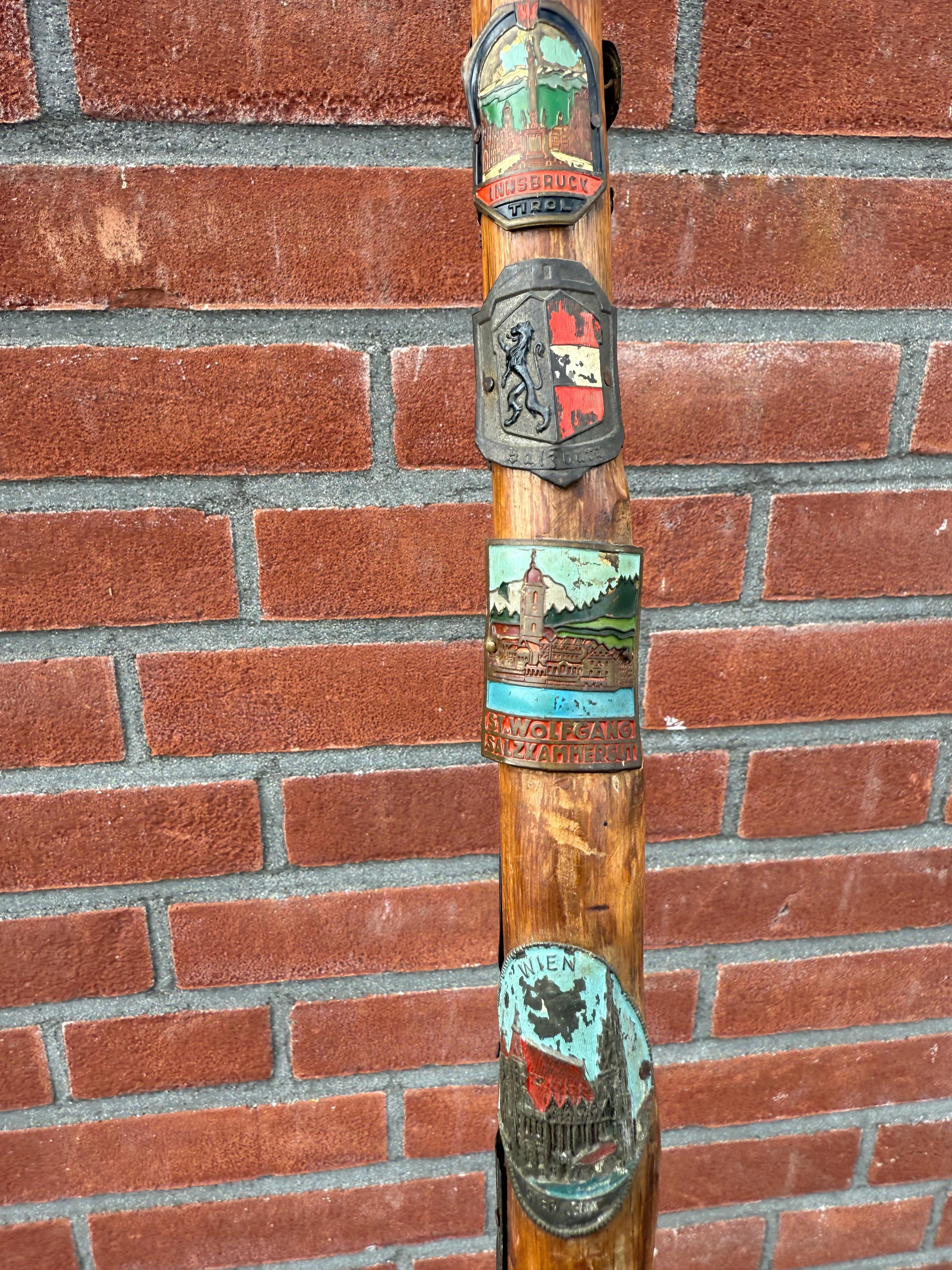 Bastone da passeggio souvenir europeo d'epoca con stemmi di viaggio, metà del XX secolo In condizioni buone in vendita a Lisse, NL