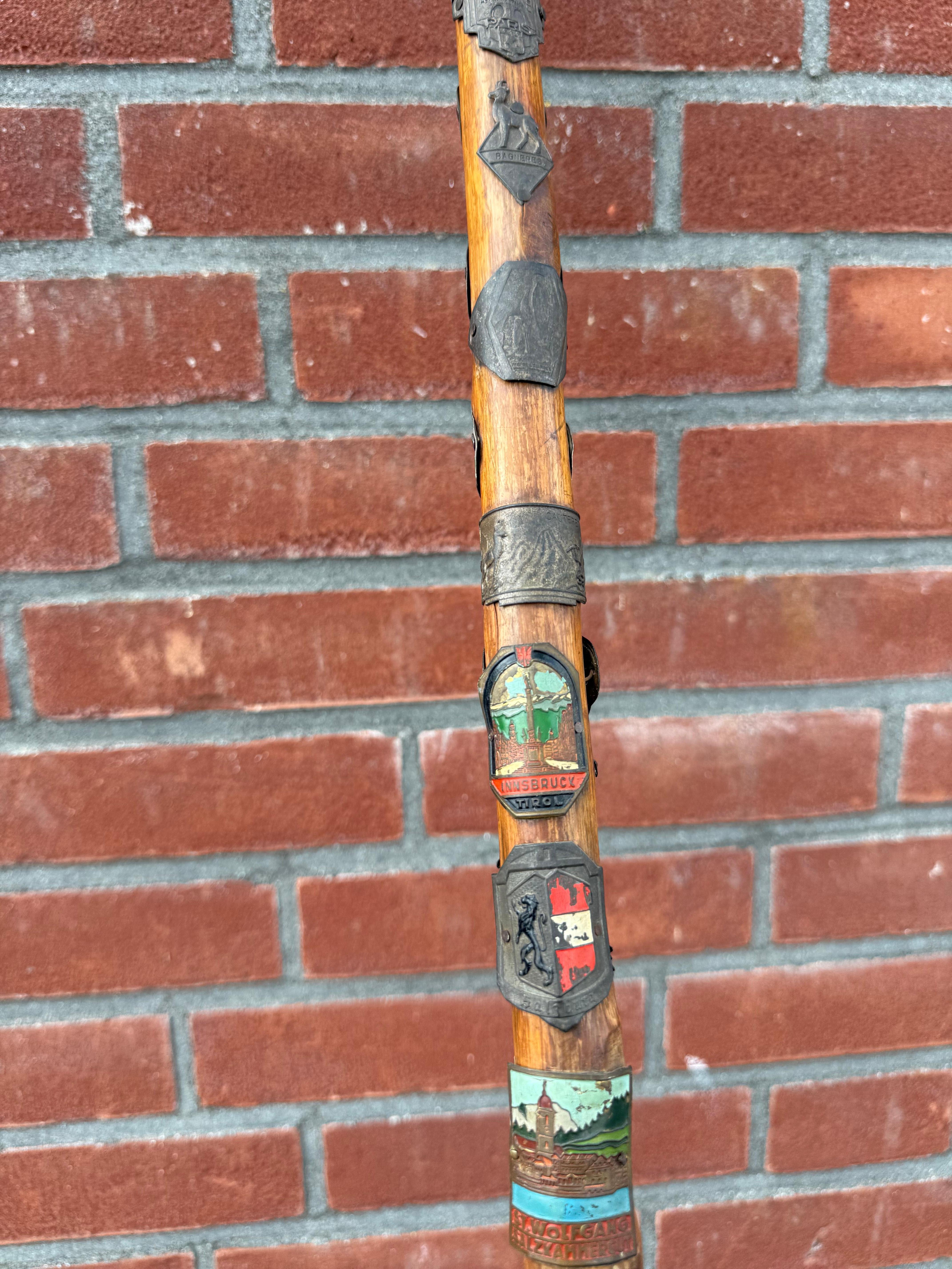 Legno Bastone da passeggio souvenir europeo d'epoca con stemmi di viaggio, metà del XX secolo in vendita