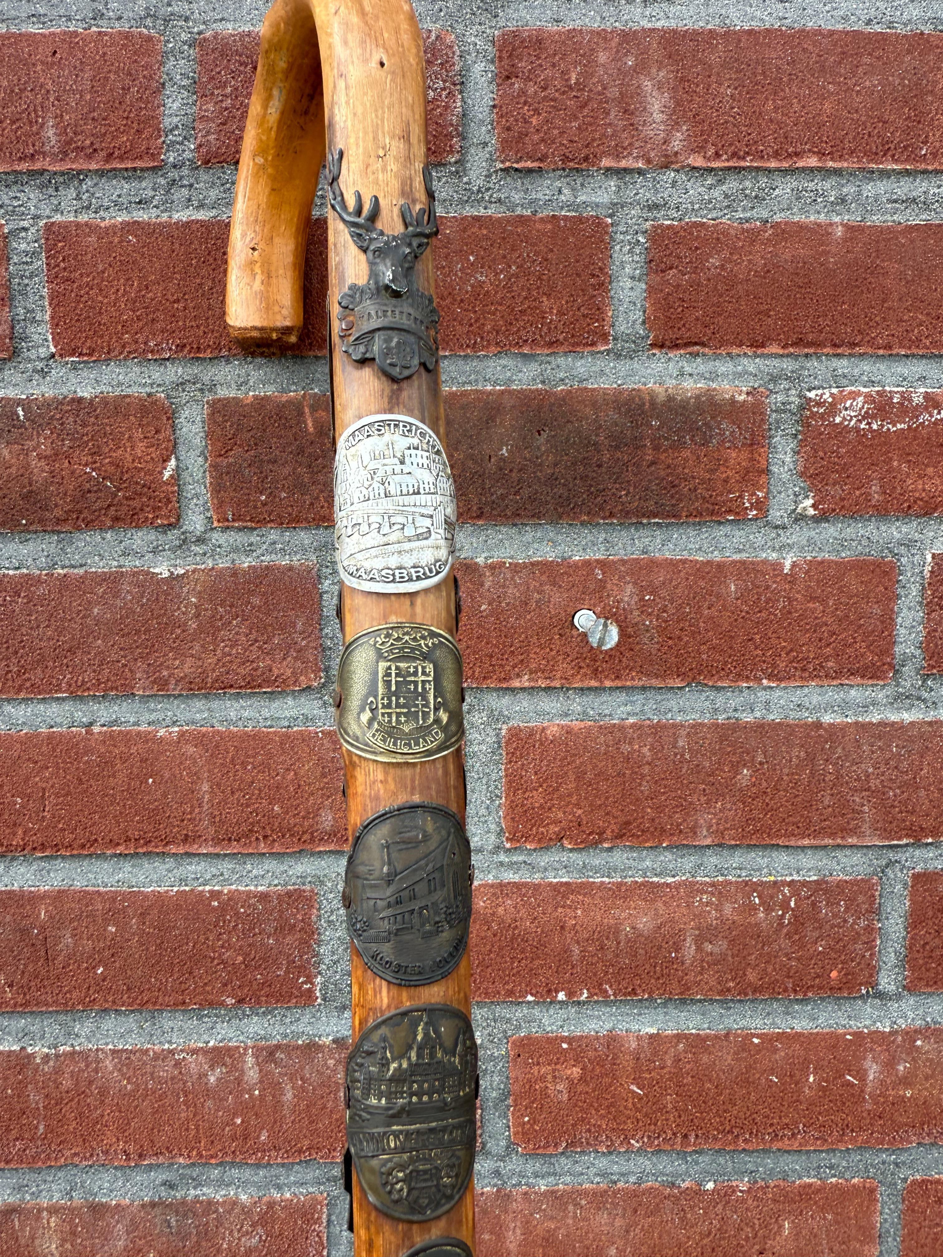 Bastone da passeggio souvenir europeo d'epoca con stemmi di viaggio, metà del XX secolo in vendita 1