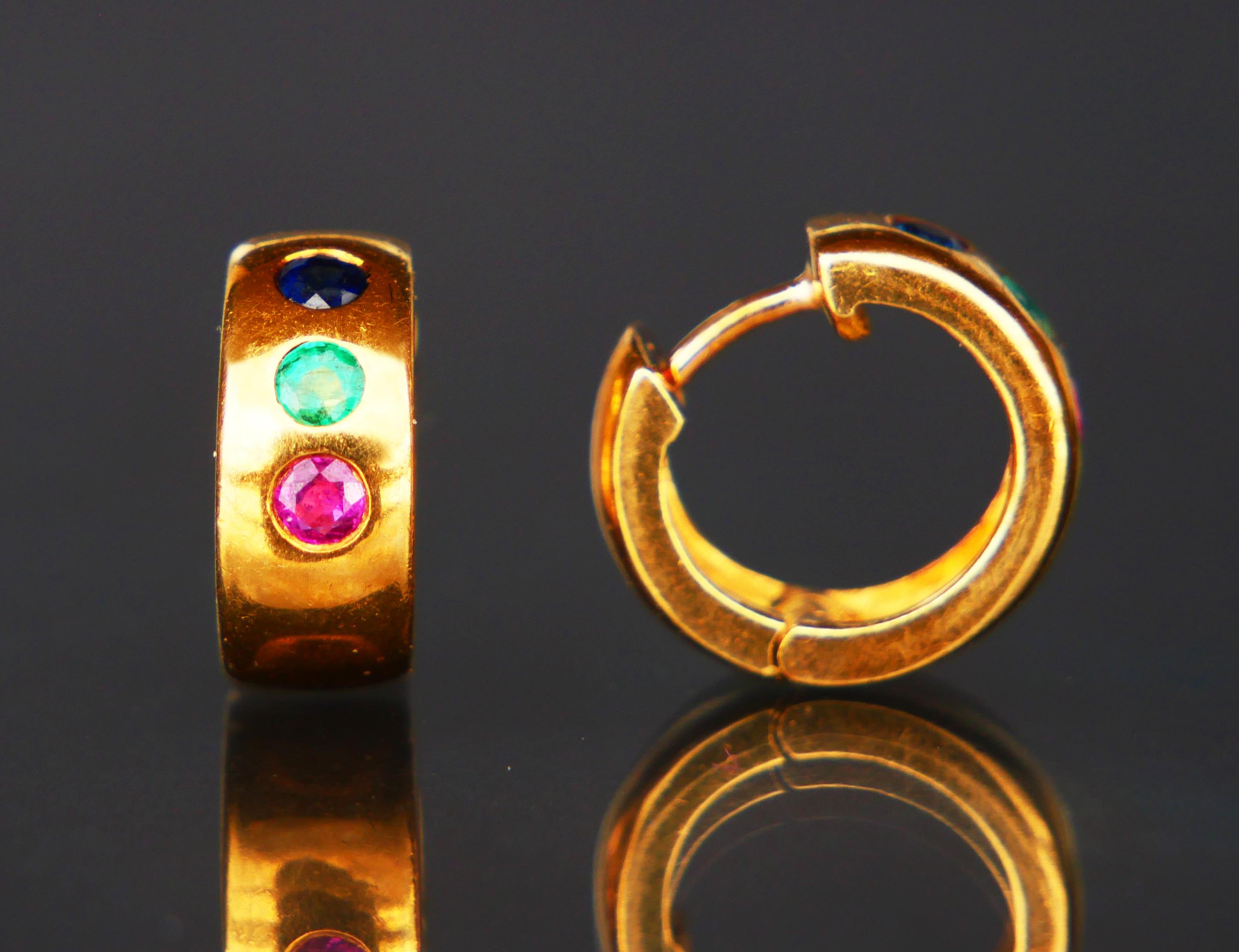 Vintage European stud Earrings Sapphire Emerald Ruby solid 18K Gold / 6.1 gr For Sale 6