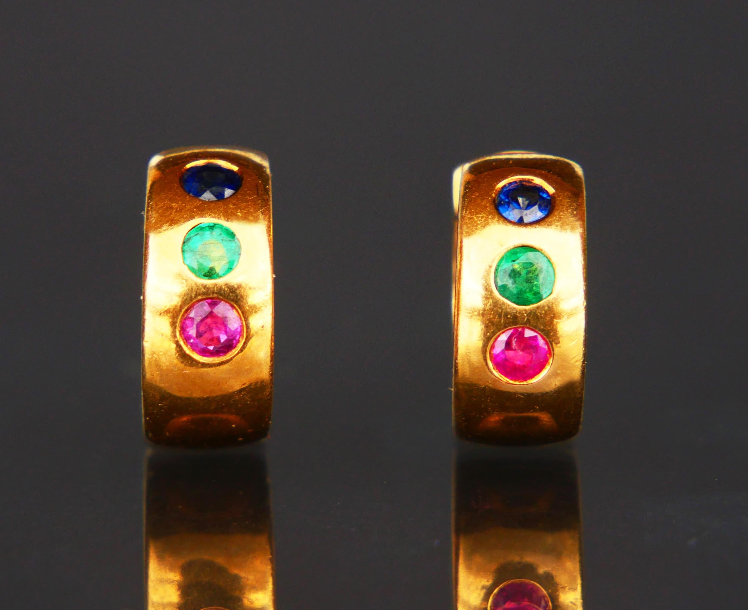 Vintage European stud Earrings Sapphire Emerald Ruby solid 18K Gold / 6.1 gr For Sale 4