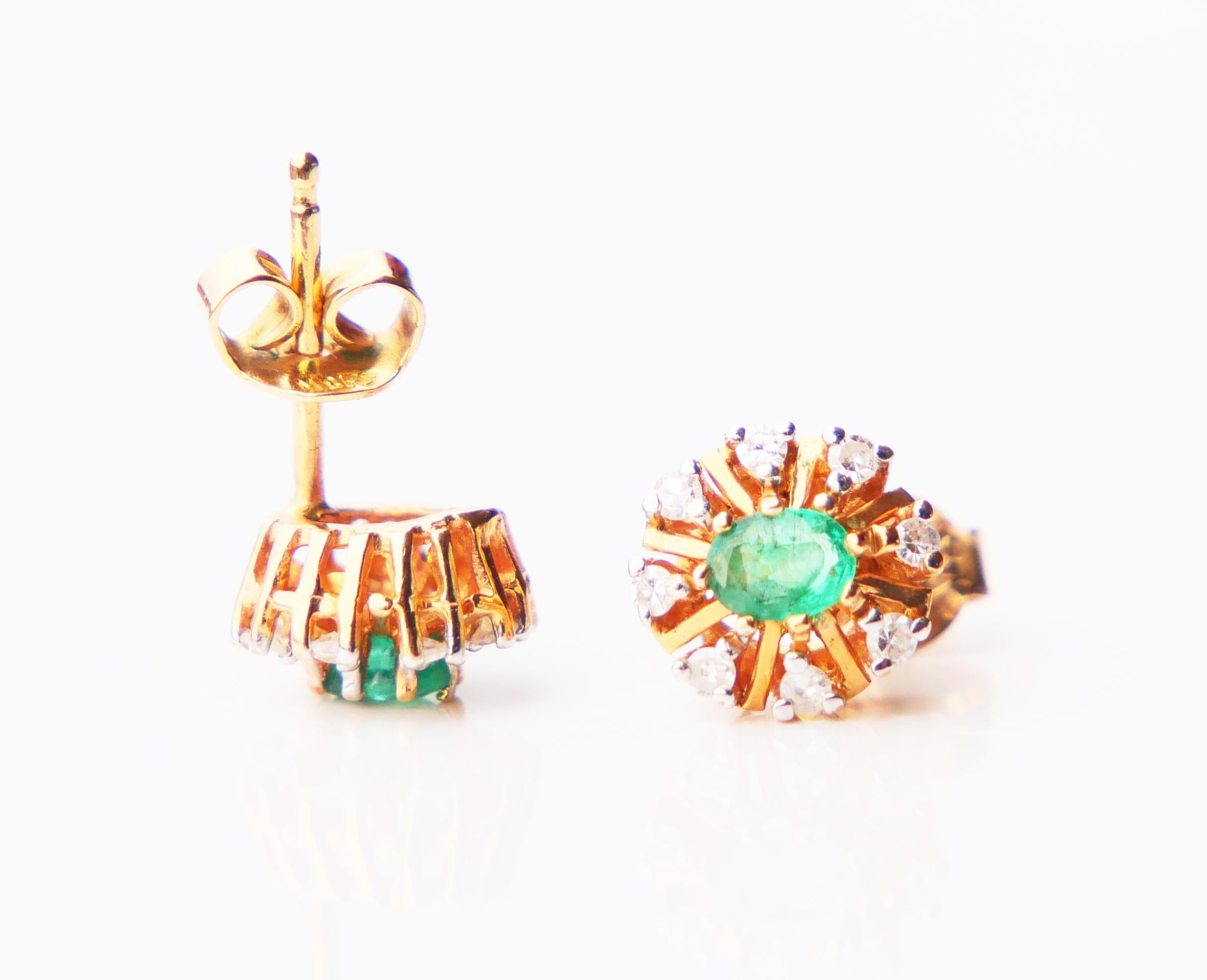 Vintage European stud Halo Earrings Emeralds Diamonds solid 18K Gold / 2.2 gr For Sale 5
