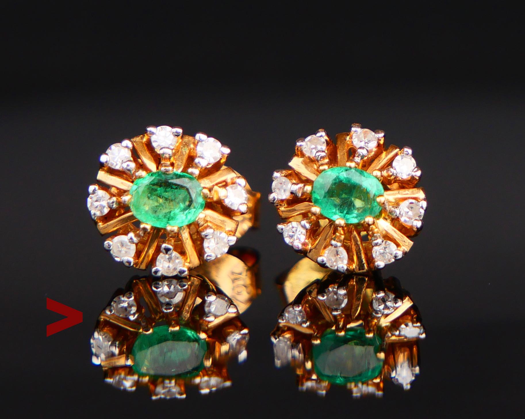 A pair of fine flower studs in solid 18K Yellow and White Gold.

European sisters made ca. 1960s -1970s.

Two oval cut natural oval green Emeralds 4 x 3 mm / ca.0.2 ct each, both demonstrate flaws and inclusions typical for naturals.

Each Emerald
