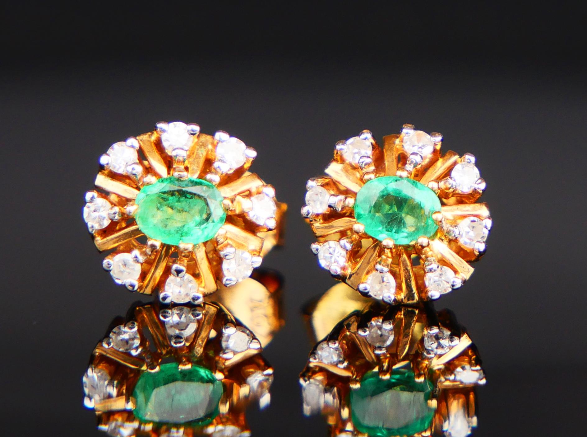Retro Vintage European stud Halo Earrings Emeralds Diamonds solid 18K Gold / 2.2 gr For Sale