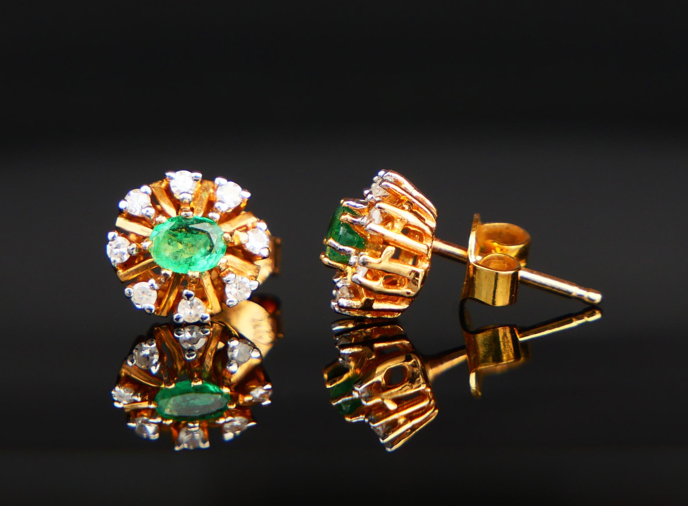 Emerald Cut Vintage European stud Halo Earrings Emeralds Diamonds solid 18K Gold / 2.2 gr For Sale
