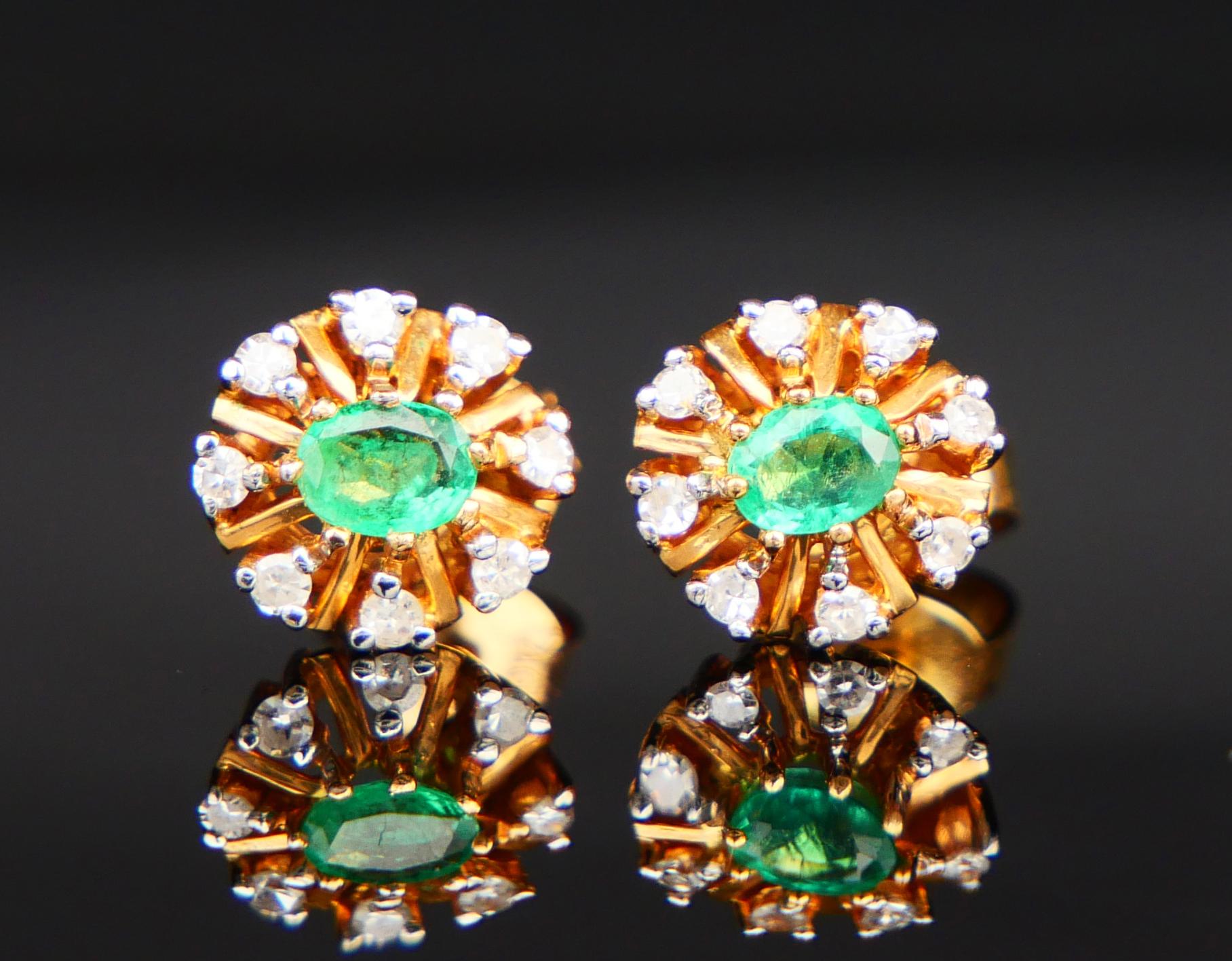 Women's Vintage European stud Halo Earrings Emeralds Diamonds solid 18K Gold / 2.2 gr For Sale