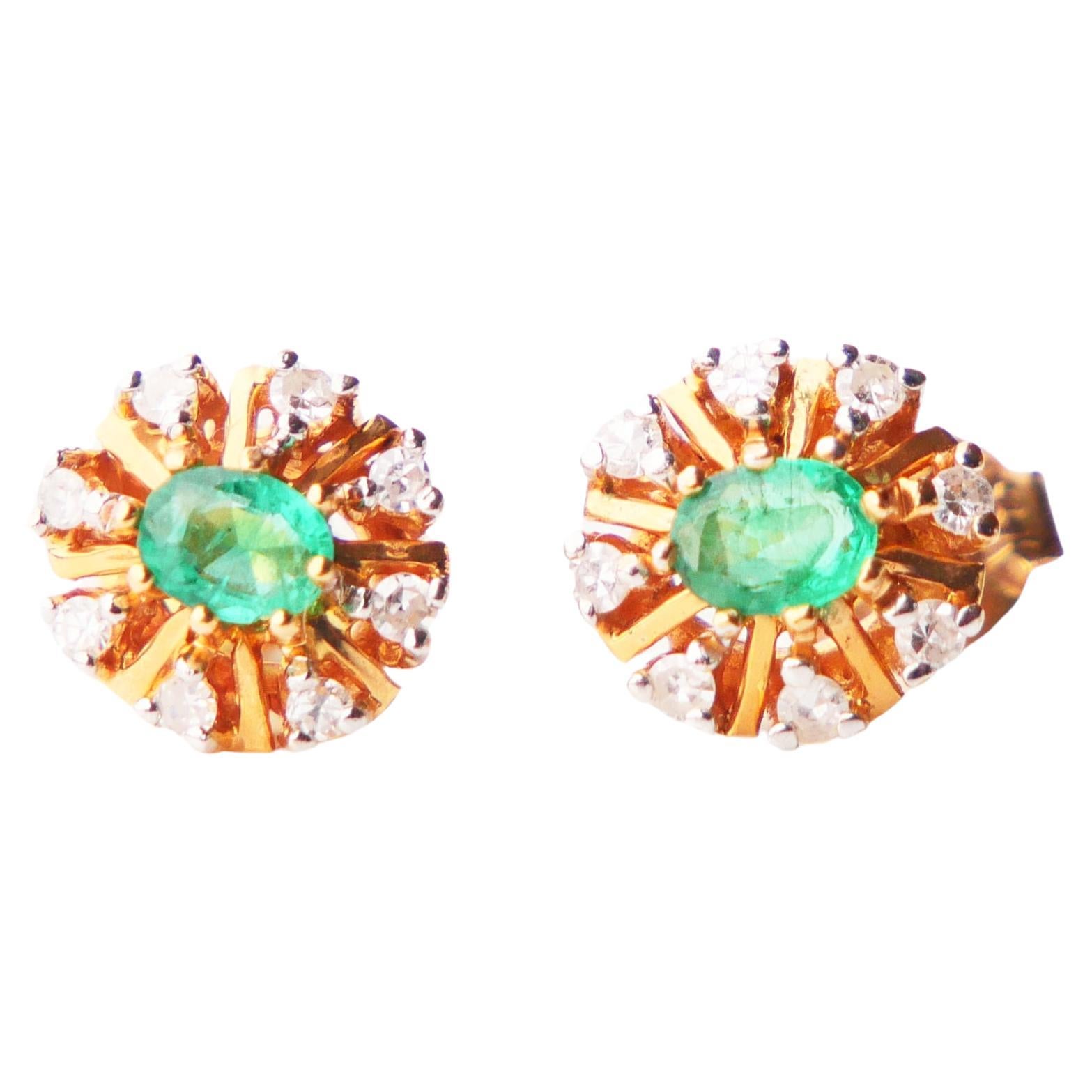 Vintage European stud Halo Earrings Emeralds Diamonds solid 18K Gold / 2.2 gr For Sale