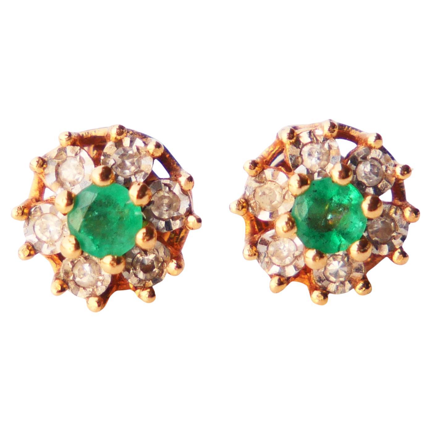 Vintage European stud Halo Earrings Emeralds Diamonds solid 18K Gold / 2.3 gr For Sale