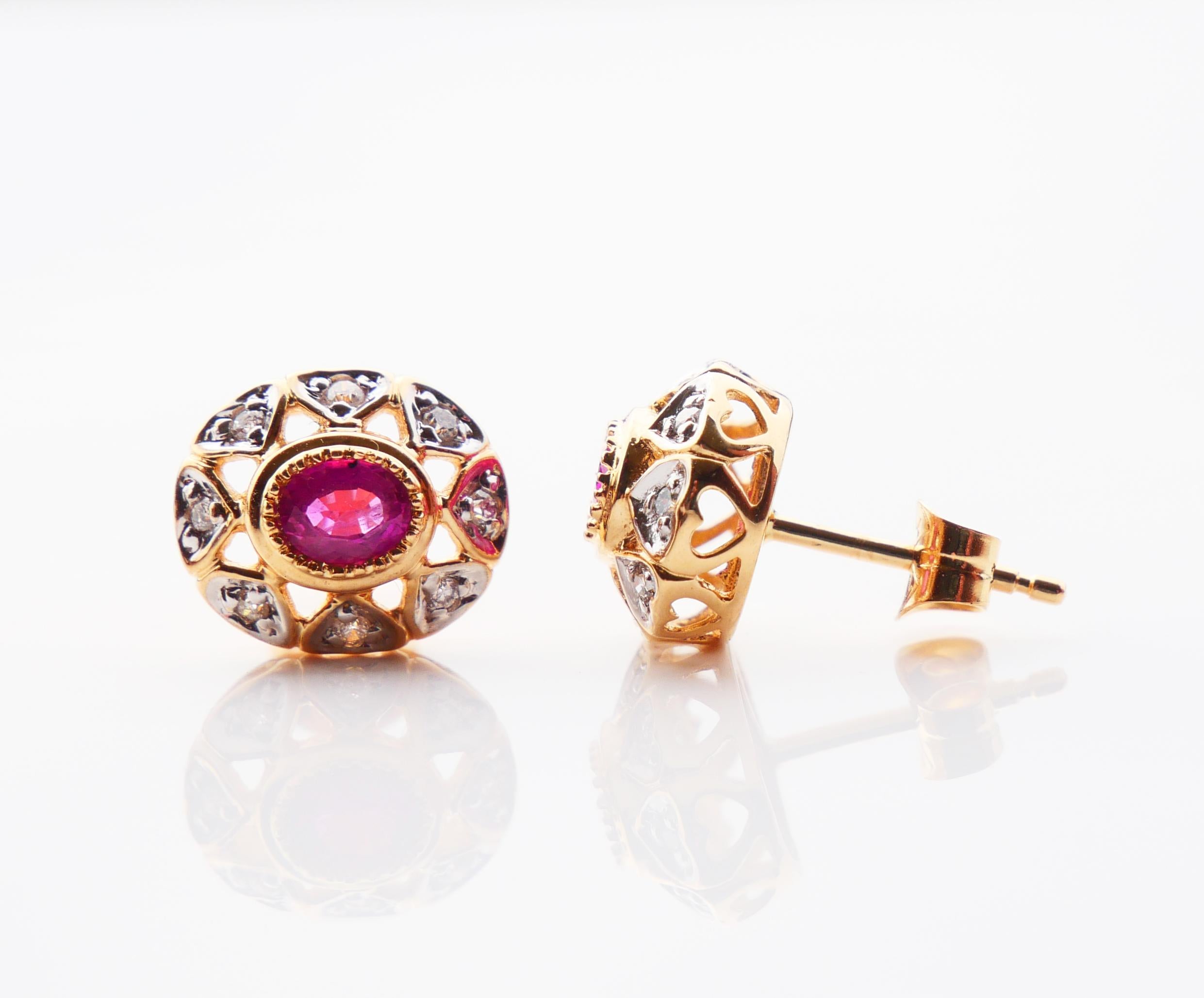 Vintage European stud Halo Earrings Rubies Diamonds solid 18K Gold / 2.63 gr For Sale 6