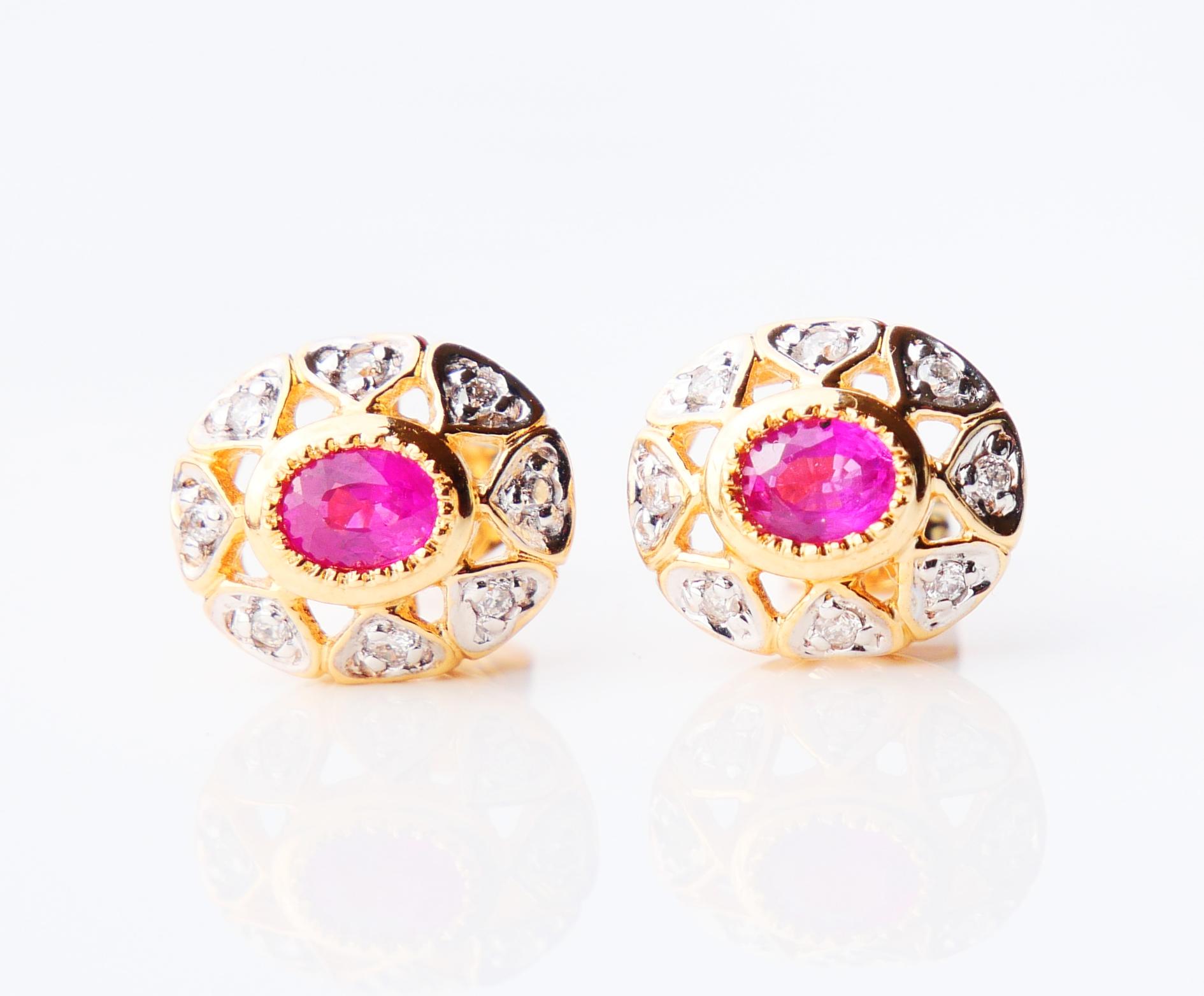 Vintage European stud Halo Earrings Rubies Diamonds solid 18K Gold / 2.63 gr For Sale 2