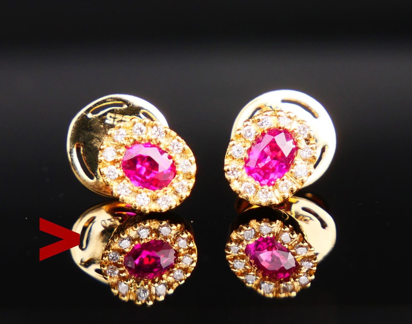 A pair of fine halo studs from 1970s in solid 18K Yellow featuring two oval cut natural oval cut rosy Red Rubies 4. x 3 mm / ca. 025 ct each,

both clear and of good transparency and demonstrate inclusions typical for naturals.

Each Ruby is