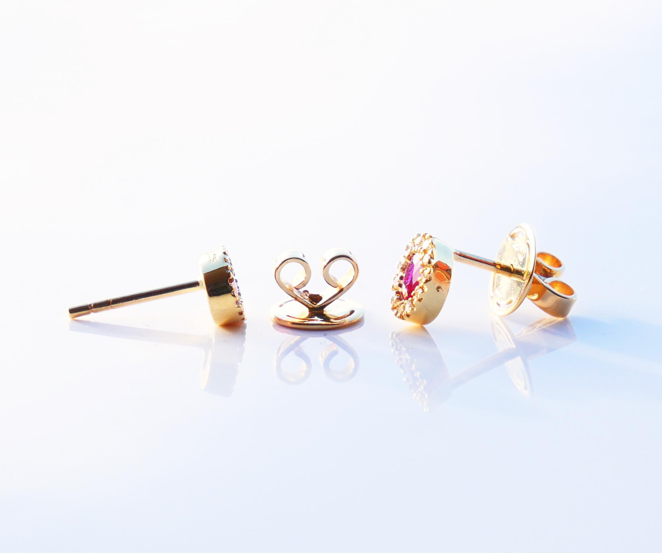 Vintage European stud Halo Earrings Rubies Diamonds solid 18K Gold / 2.7 gr For Sale 2