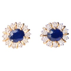 Vintage European stud Halo Earrings Sapphires Diamonds solid 18K Gold / 2.4 gr Vintage European stud Halo Earrings Sapphires Diamonds solid 18K Gold / 2.4 gr