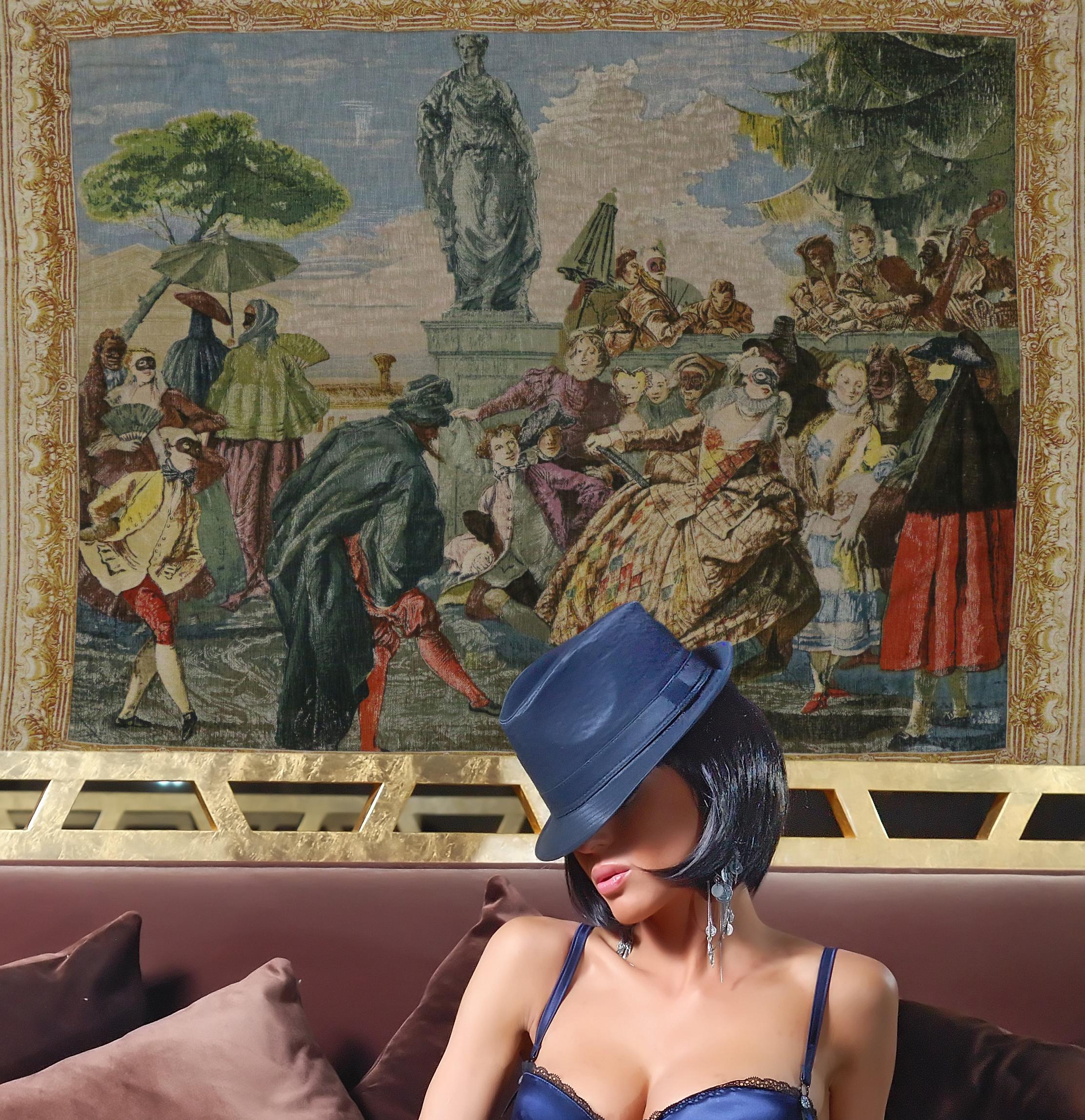 72967 Vintage Venetian Tapestry Inspired by Tiepolo, The Minuet, Carnival Scene. This vintage Venetian tapestry with Rococo style was inspired from a painting, circa 1754-1755 called The Minuet or aka carnival scene by Giovanni Domenico Tiepolo. The