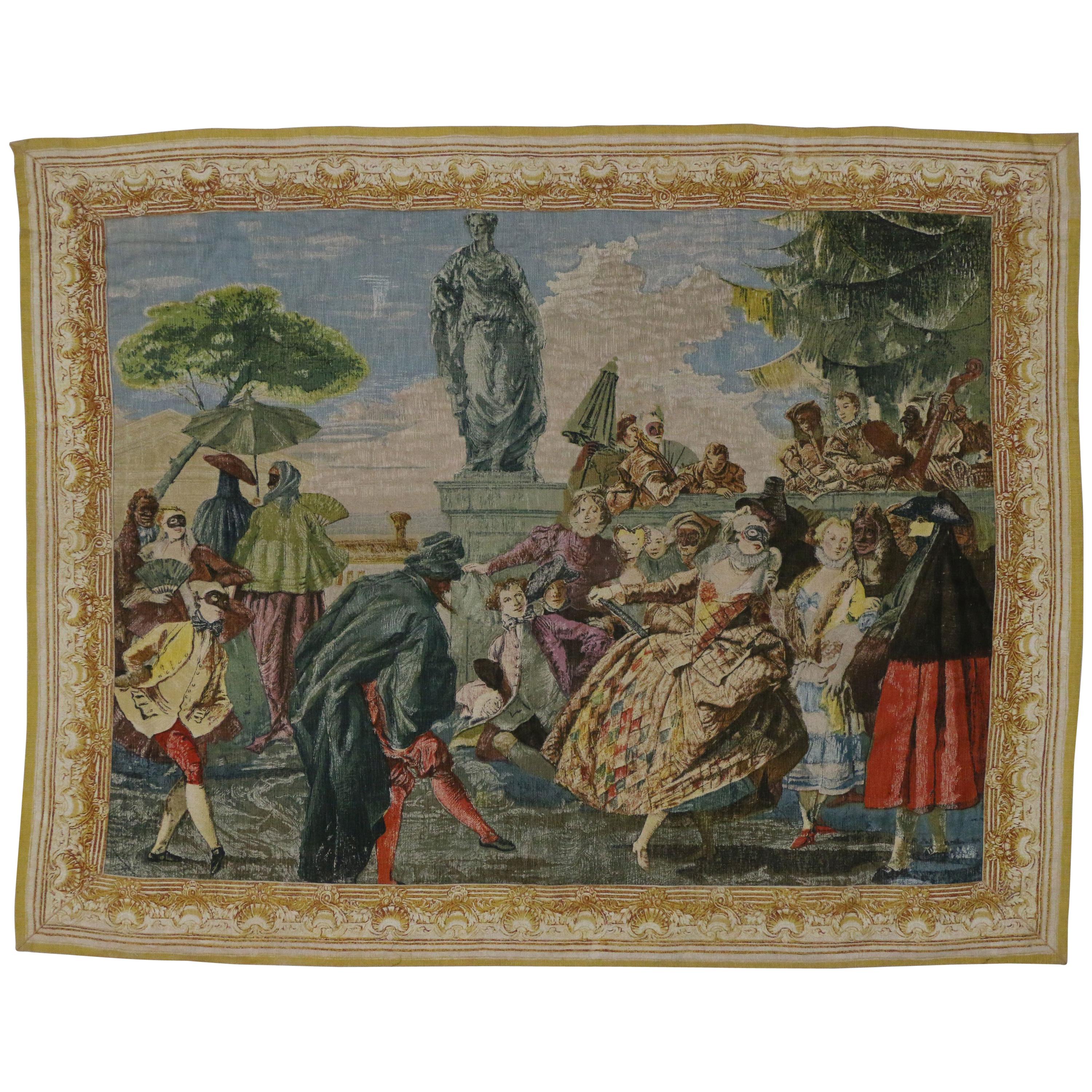 Venezianischer Vintage-Wandteppich, inspiriert von Tiepolo, The Minuet, Karnevalsssszene im Angebot