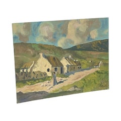 Vintage European Village Landscape Painting on Canvas.