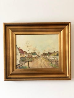 Vintage European Village Original Ölgemälde mit Cottages