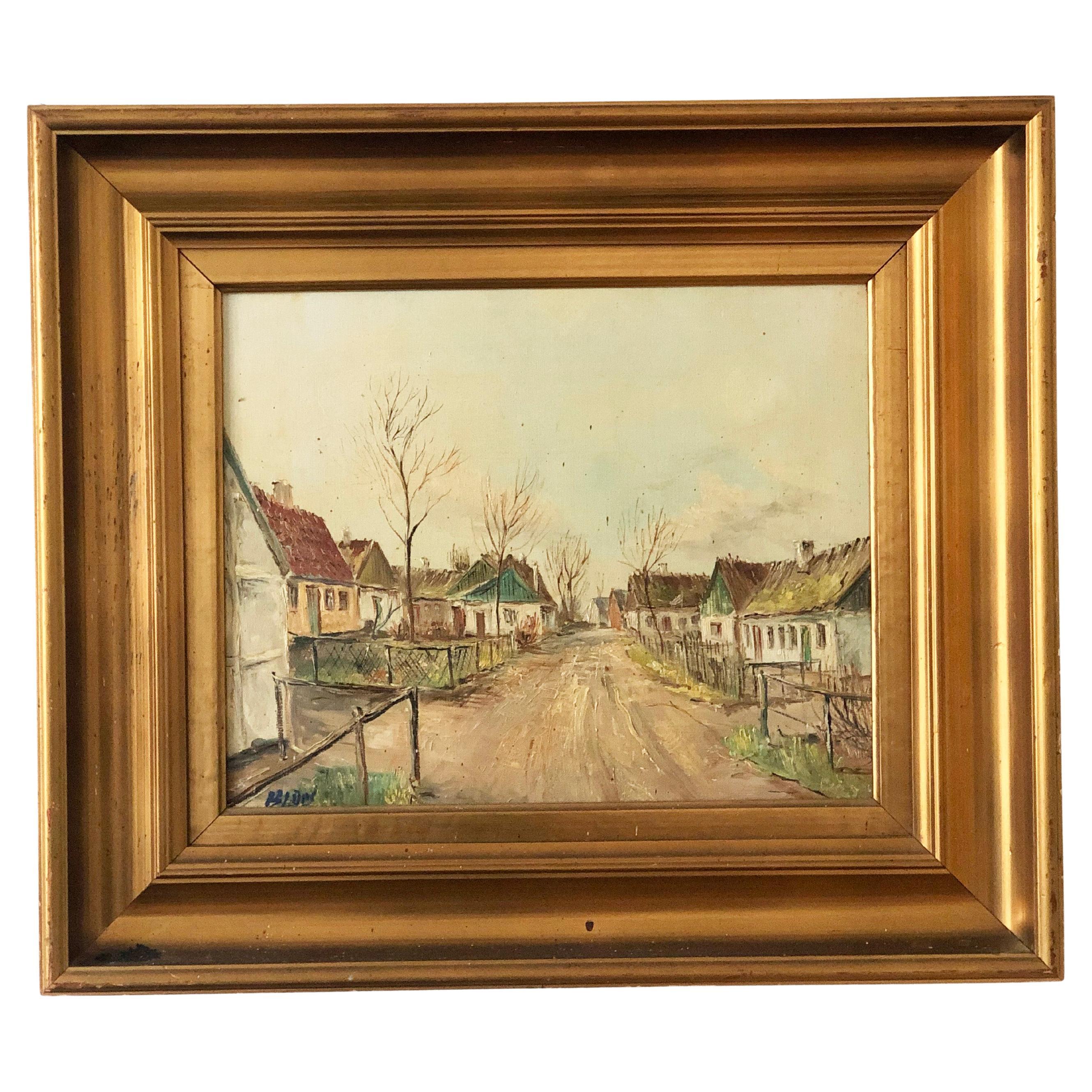 Vintage European Village Original Oil Painting with Cottages