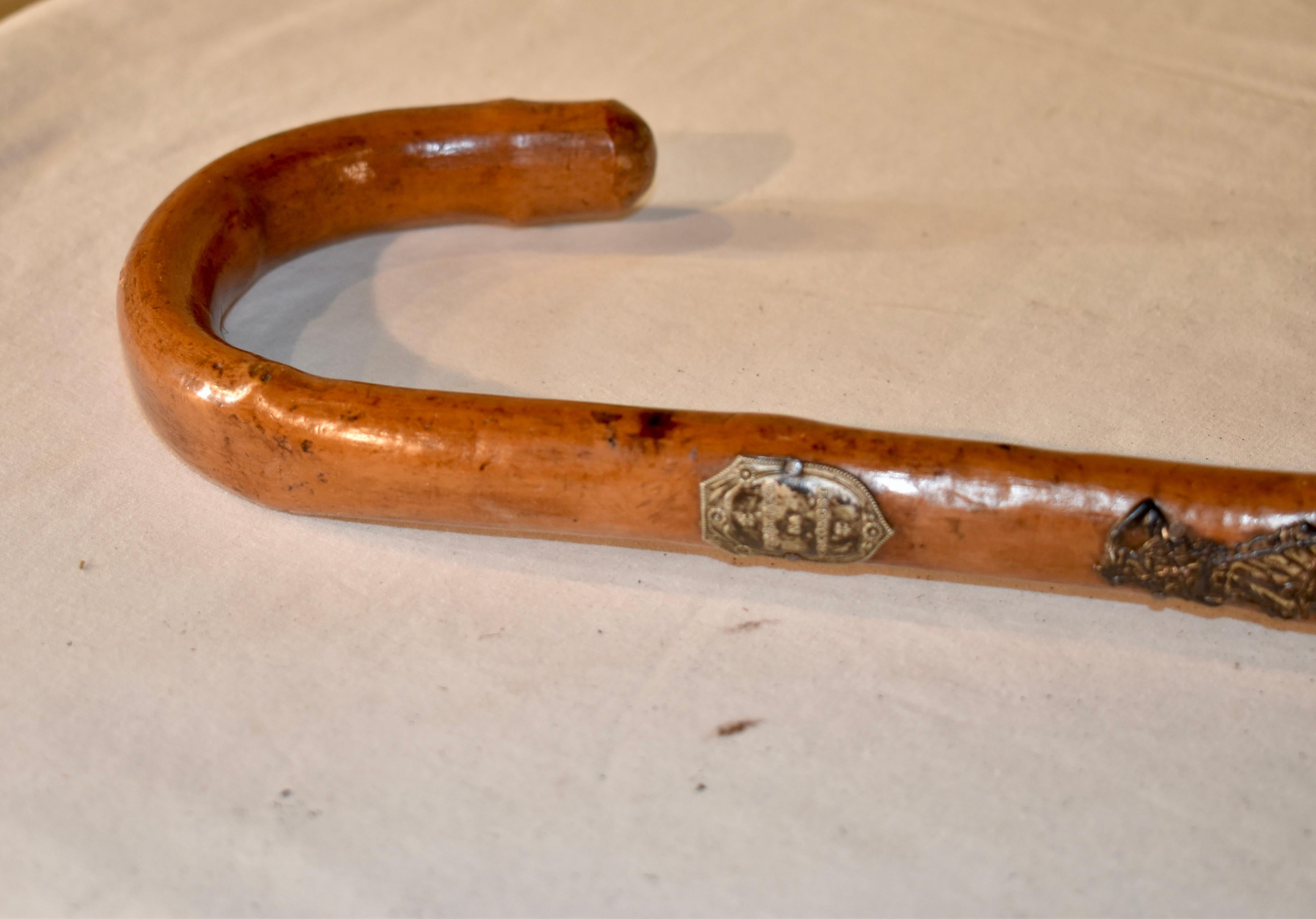 Folk Art Vintage European Walking Stick with 12 Badges For Sale