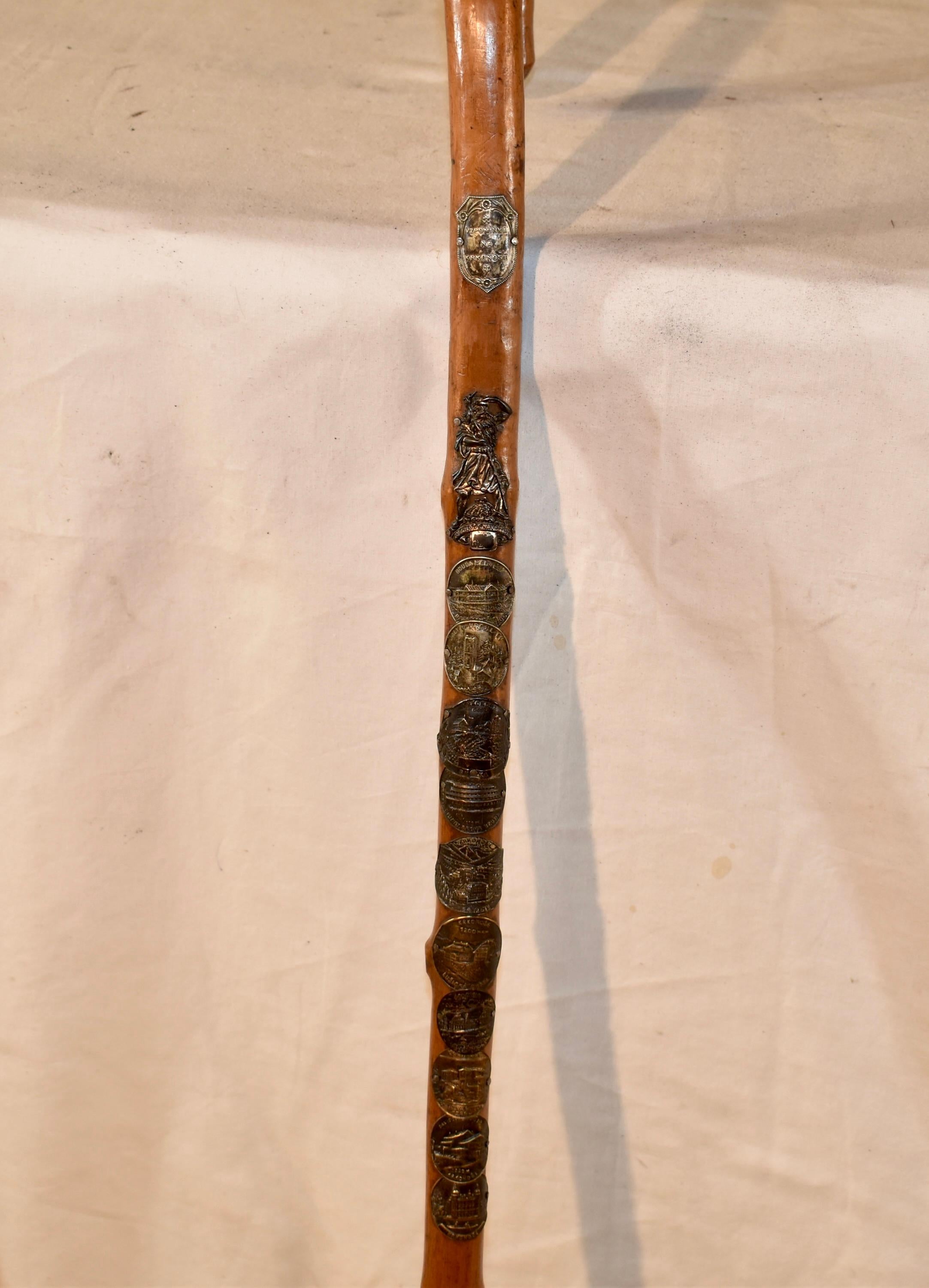20th Century Vintage European Walking Stick with 12 Badges For Sale