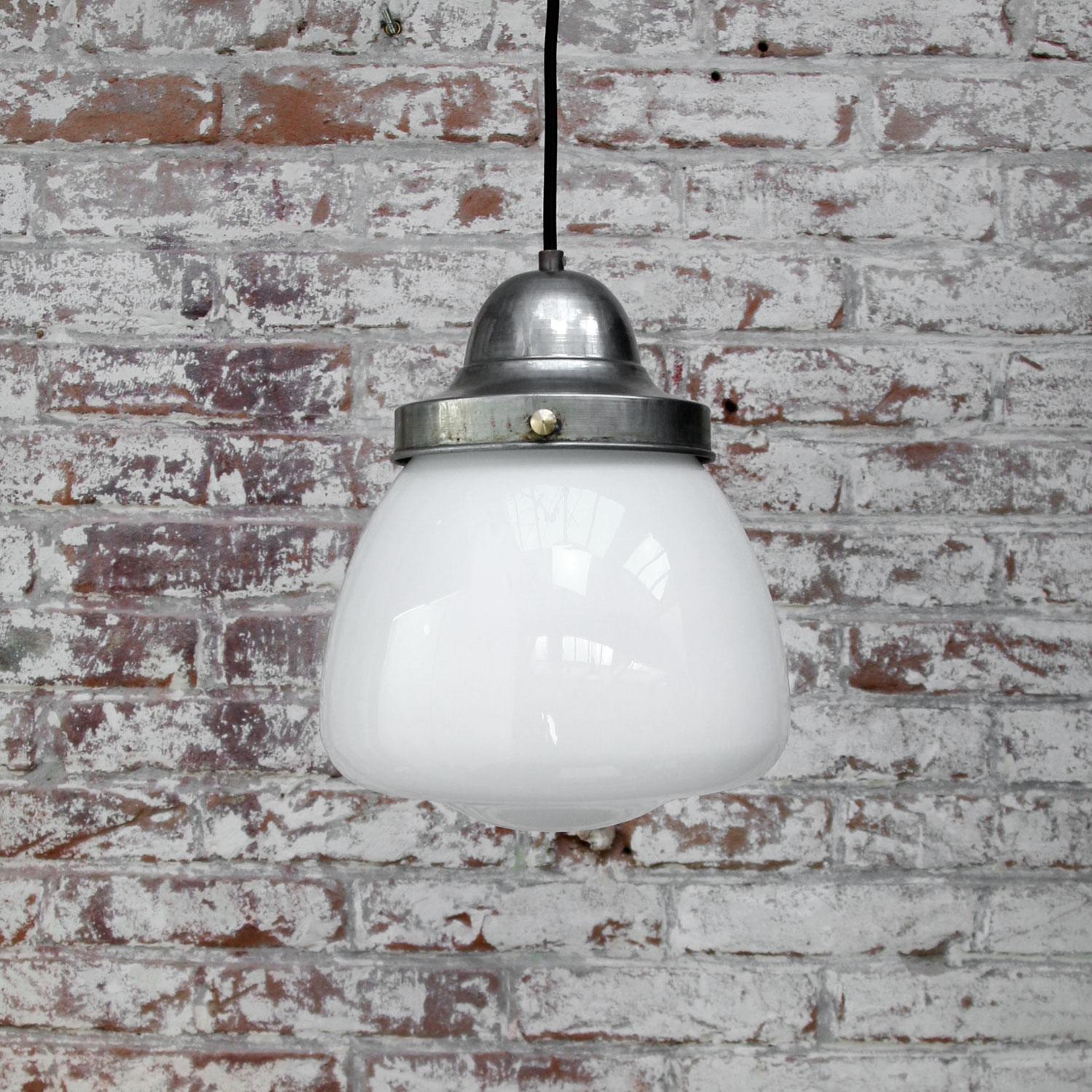 Vintage European White Opaline Glass Metal-Top Pendant Lights In Good Condition In Amsterdam, NL