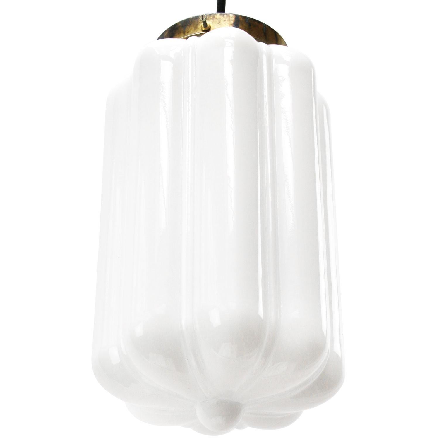 Mid-Century Modern Vintage European White Opaline Milk Glass Brass Pendant Light For Sale