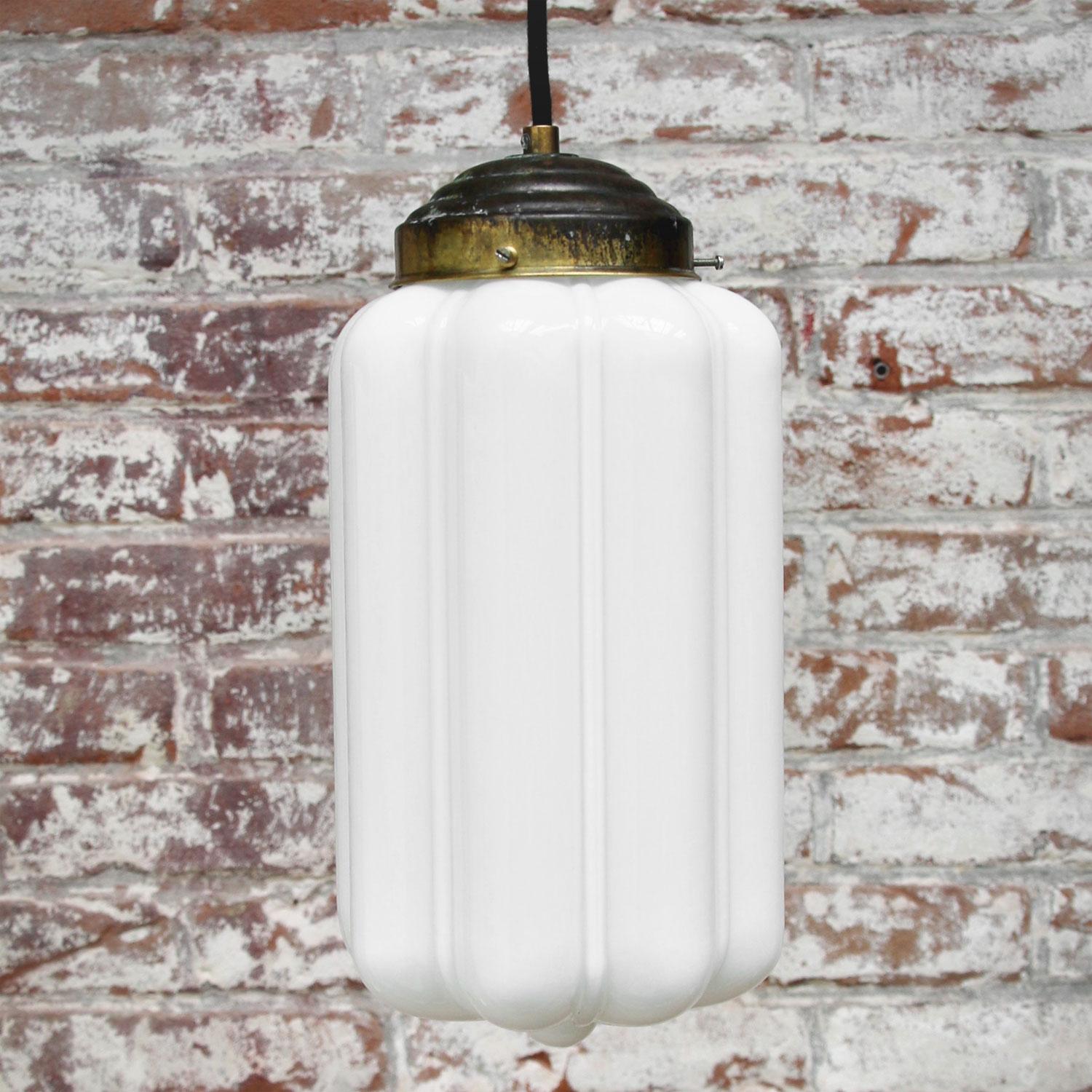 Metal Vintage European White Opaline Milk Glass Brass Pendant Light For Sale