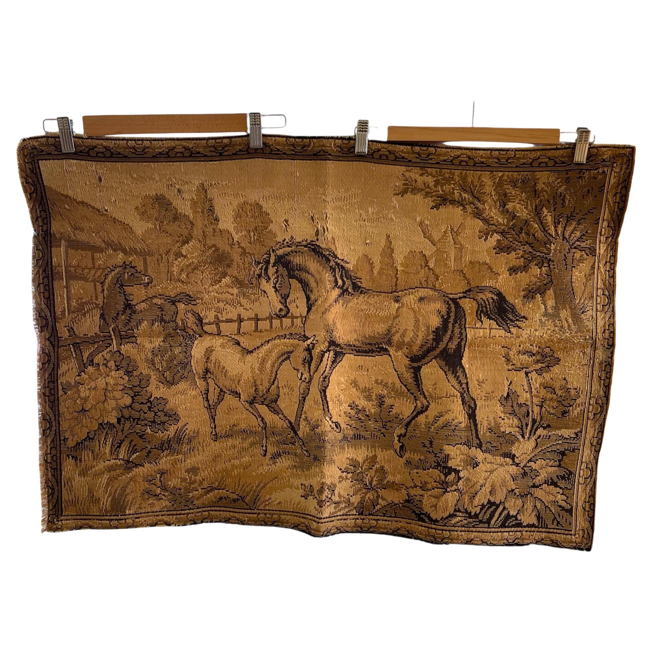 Vintage European Woven Horse Scene Tapestry Wall Hanging