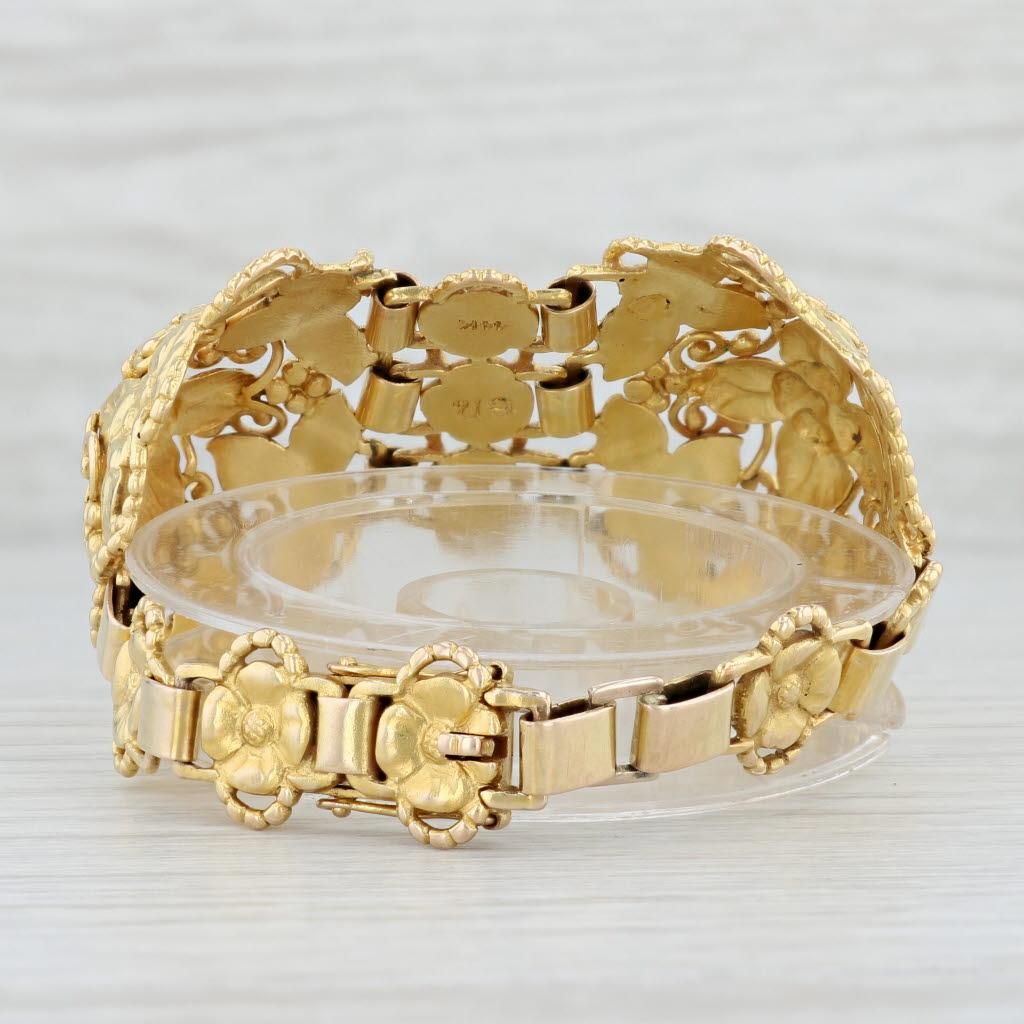Women's Vintage Evald Nielsen Floral Statement Bracelet 14k Yellow Gold 6.5