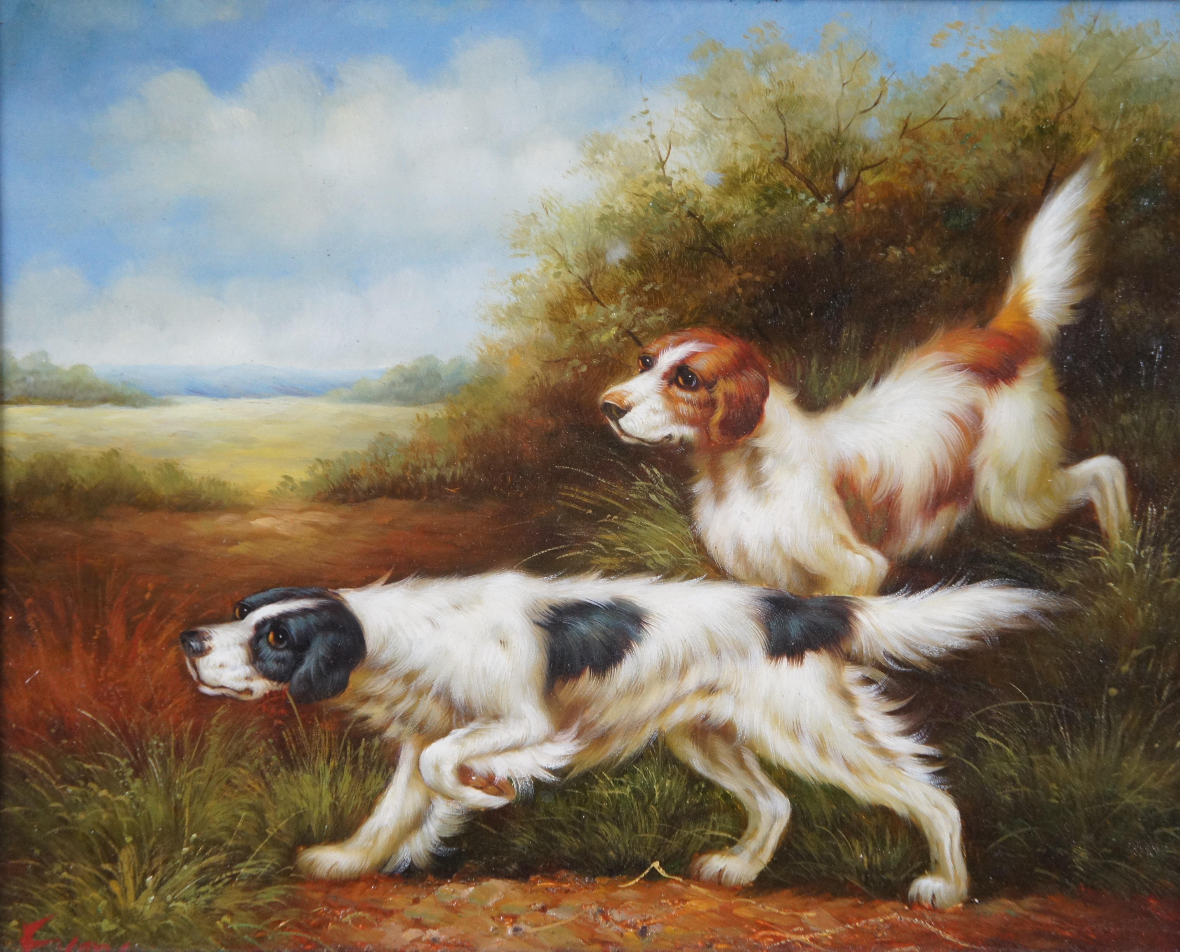 Vintage Evans Hunting Setter Dogs Portrait Oil Painting on Board 19