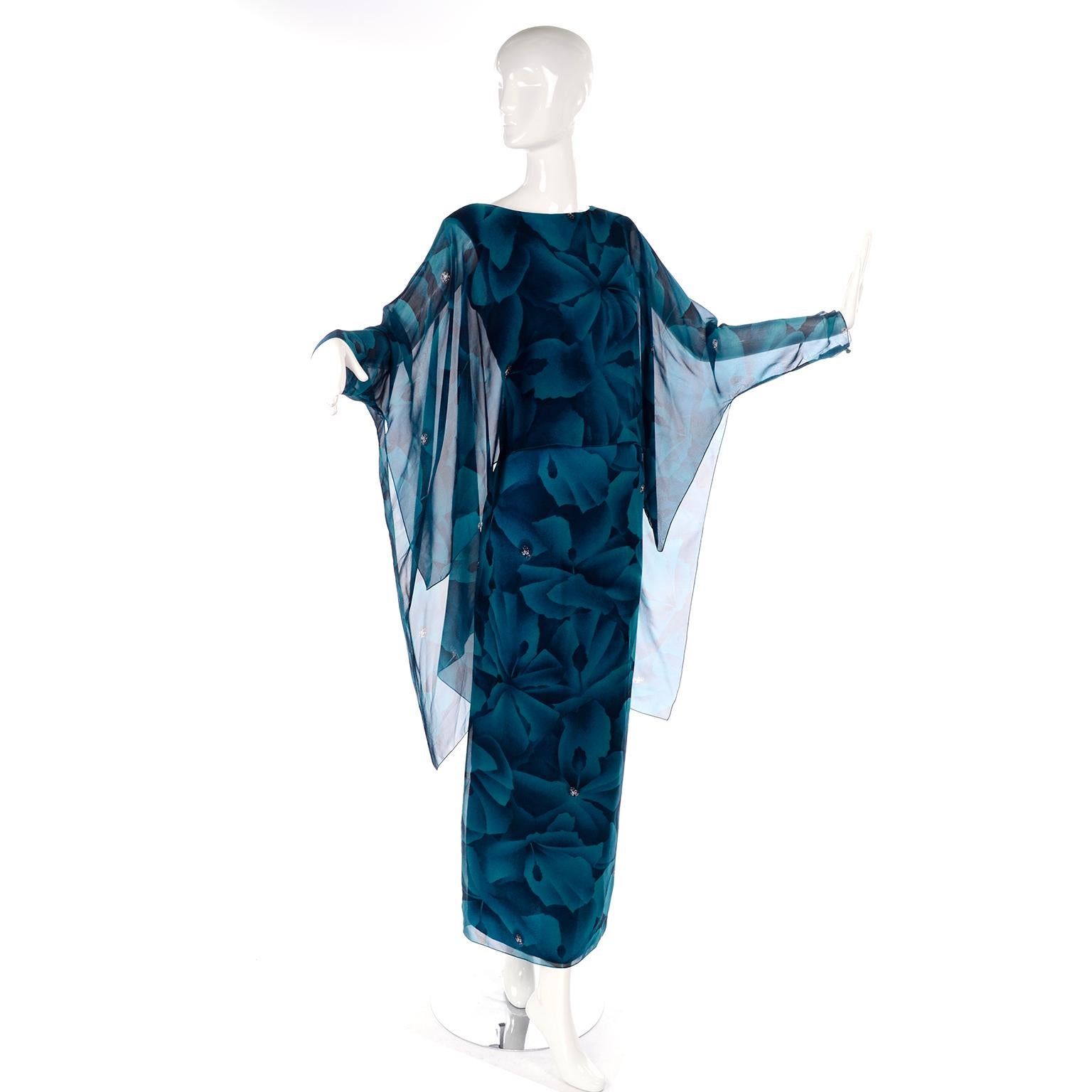 Blue Vintage Evening Dress in Bold Chiffon Print W Sheer Overlay & Dramatic Sleeves