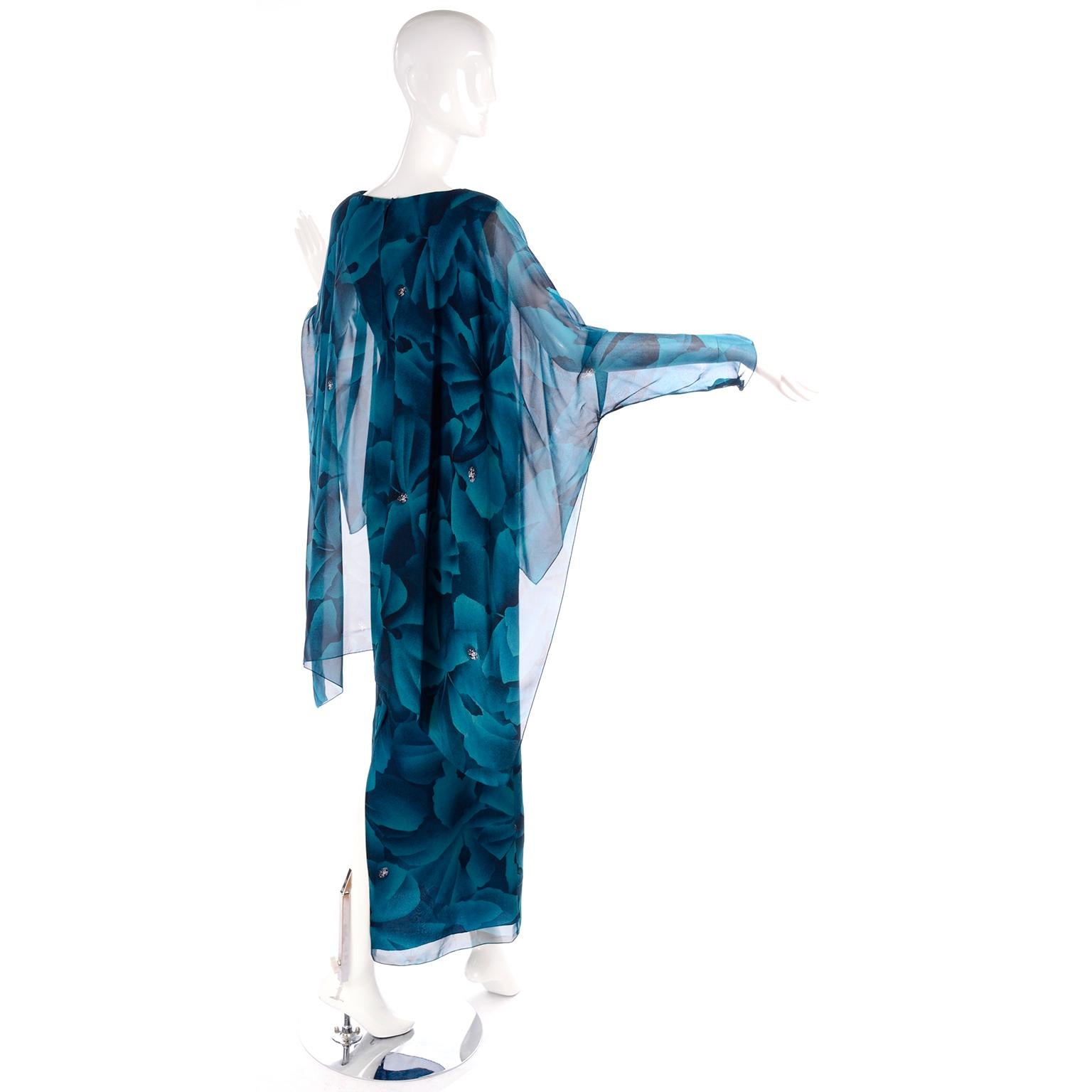 Women's Vintage Evening Dress in Bold Chiffon Print W Sheer Overlay & Dramatic Sleeves