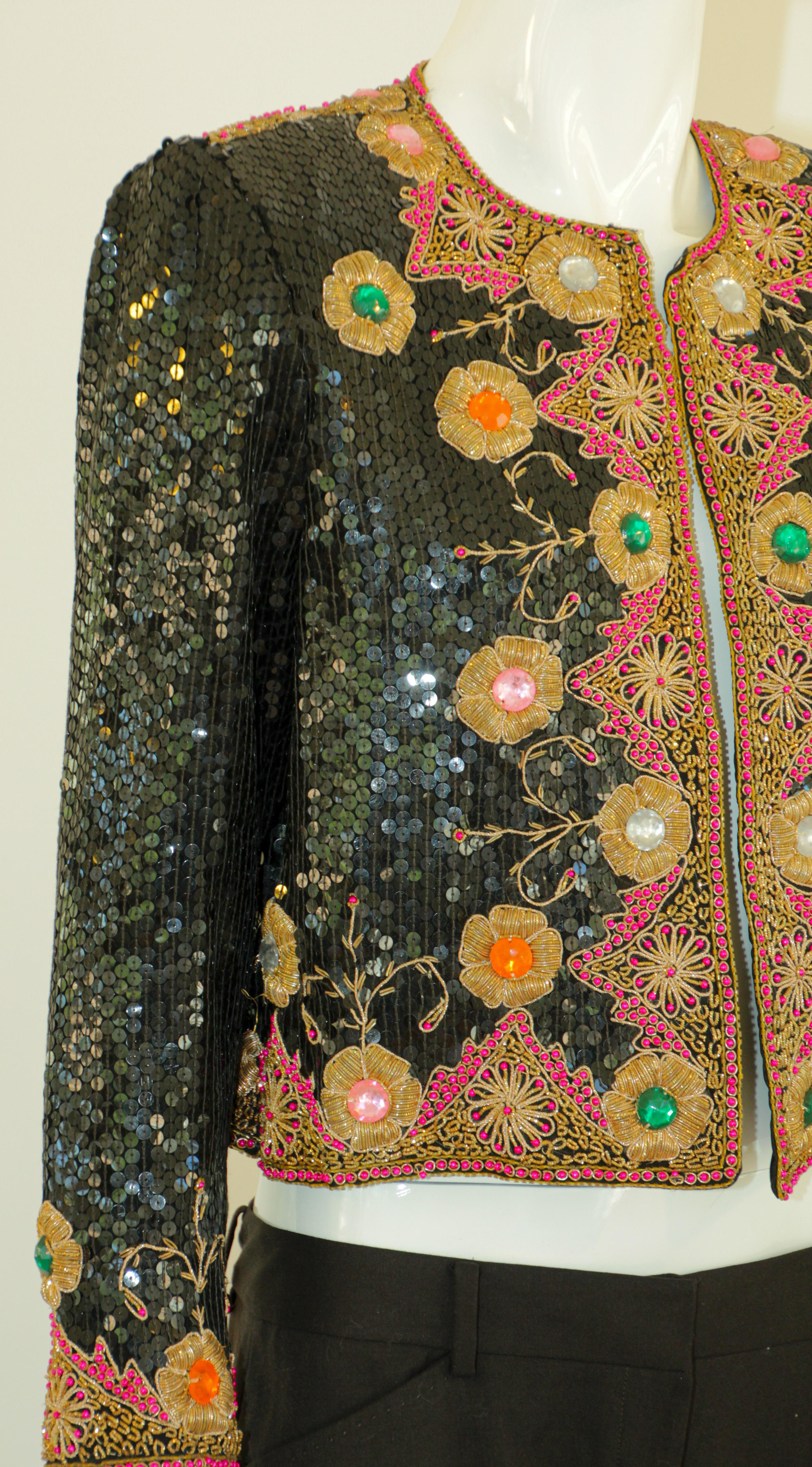 Black Vintage Evening Jeweled Beaded Jacket 1980's For Sale