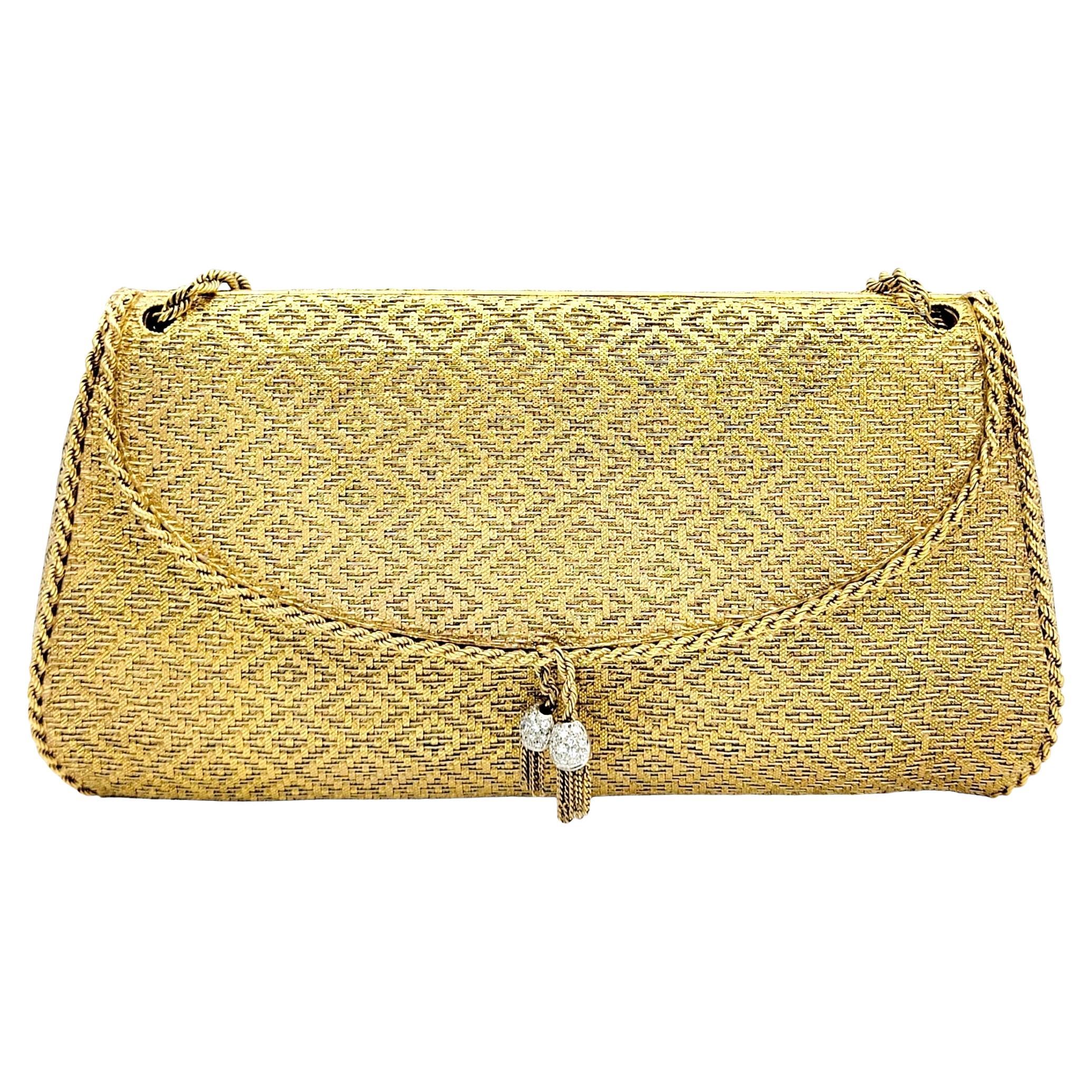 Monedero de noche vintage Oro amarillo de 18 quilates Tejido Bolsa maciza Flecos con pavé de diamantes 6