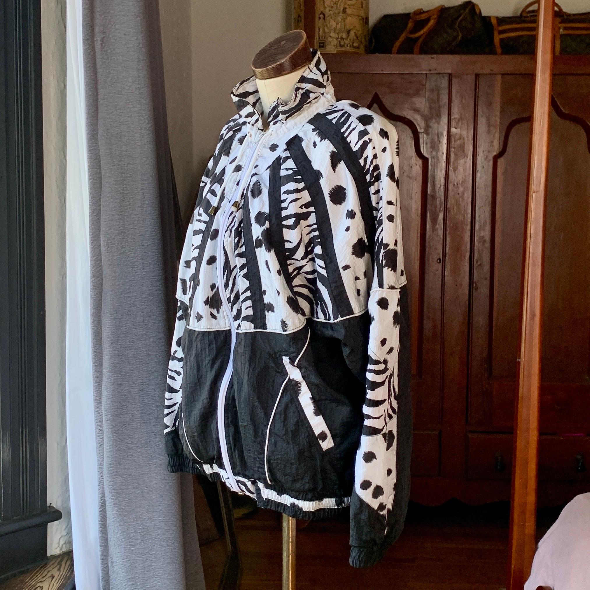 Veste Vintage EVR Nylon 80s Black White Zebra Leopard Print LARGE Unisexe en vente