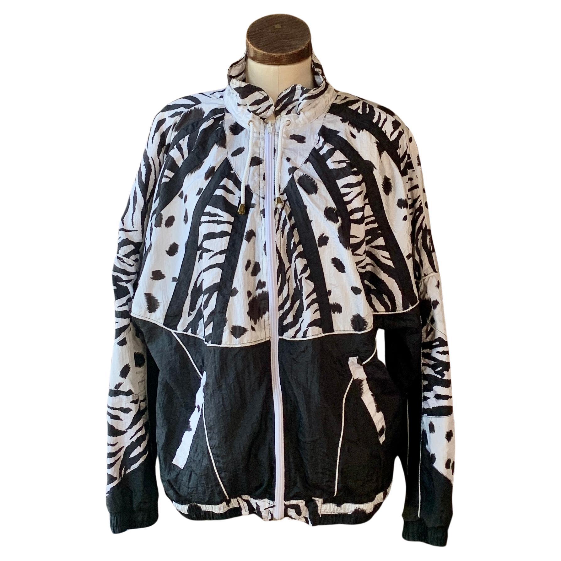 Veste Vintage EVR Nylon 80s Black White Zebra Leopard Print LARGE en vente