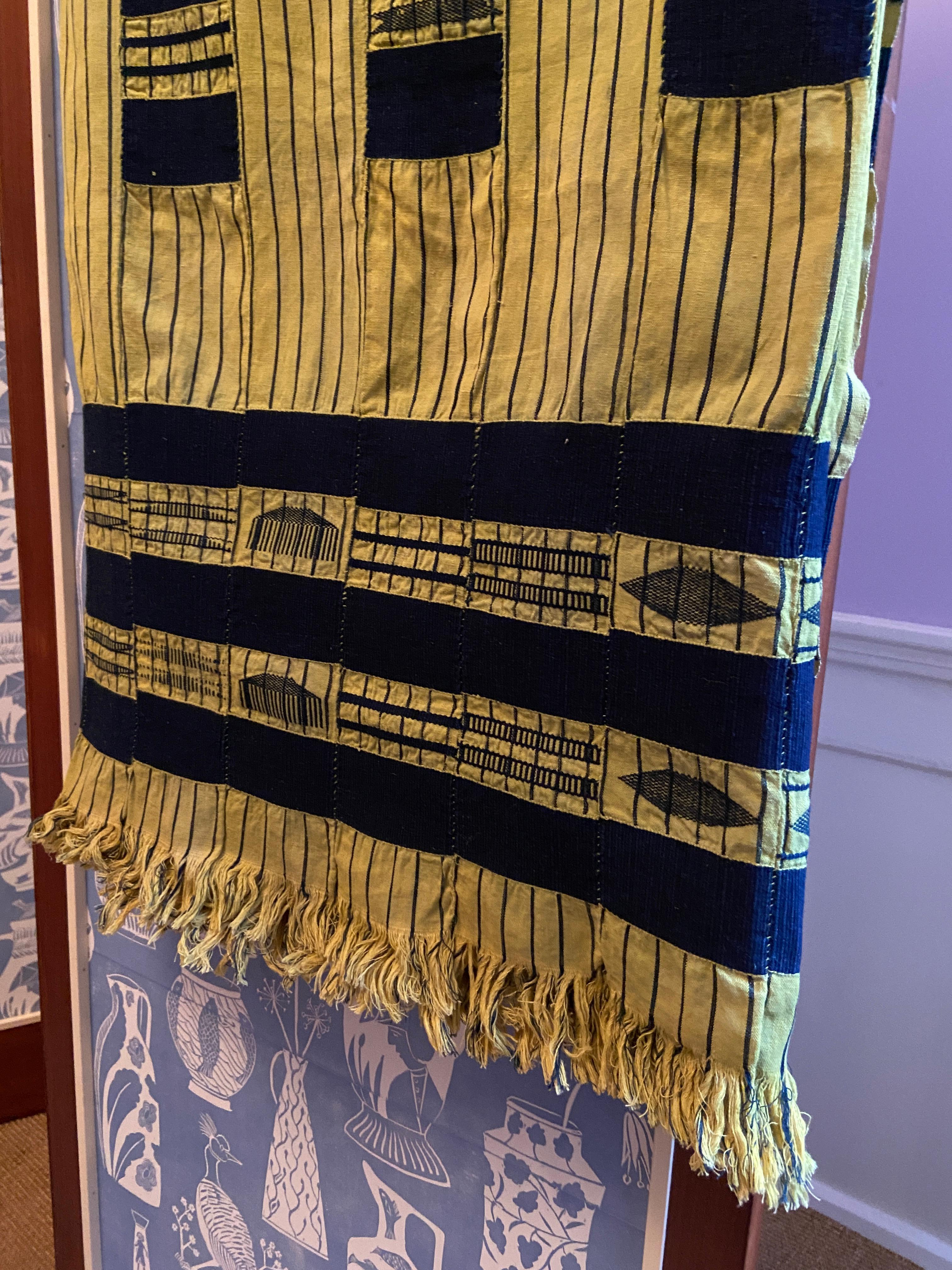 Ghanaian Vintage Ewe Kente Men’s Cloth in Blue and Yellow Striped Textile, Ghana 1950's