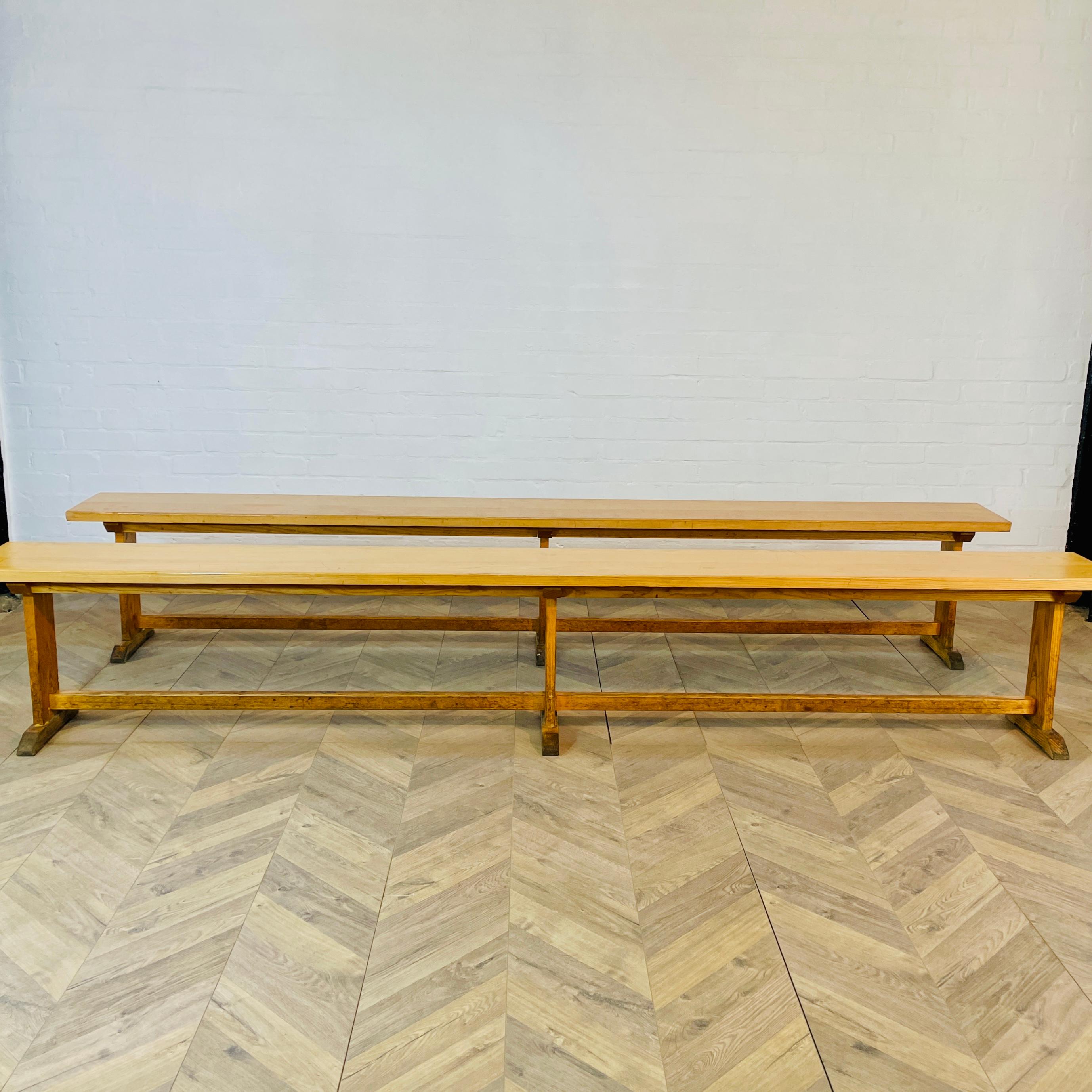 Vintage Ex-School Long Oak Benches, Set of 2, 1950s For Sale 7