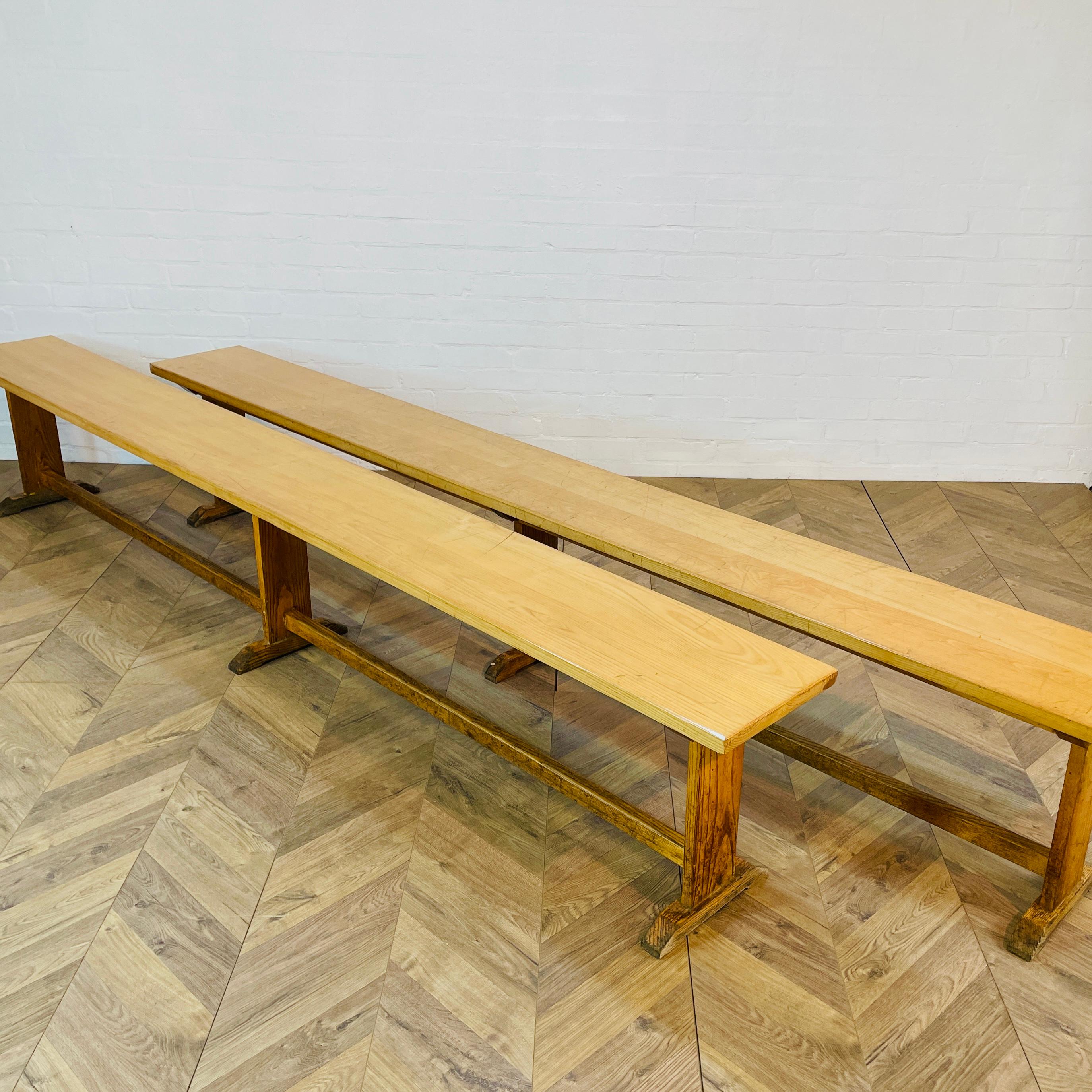 British Vintage Ex-School Long Oak Benches, Set of 2, 1950s For Sale