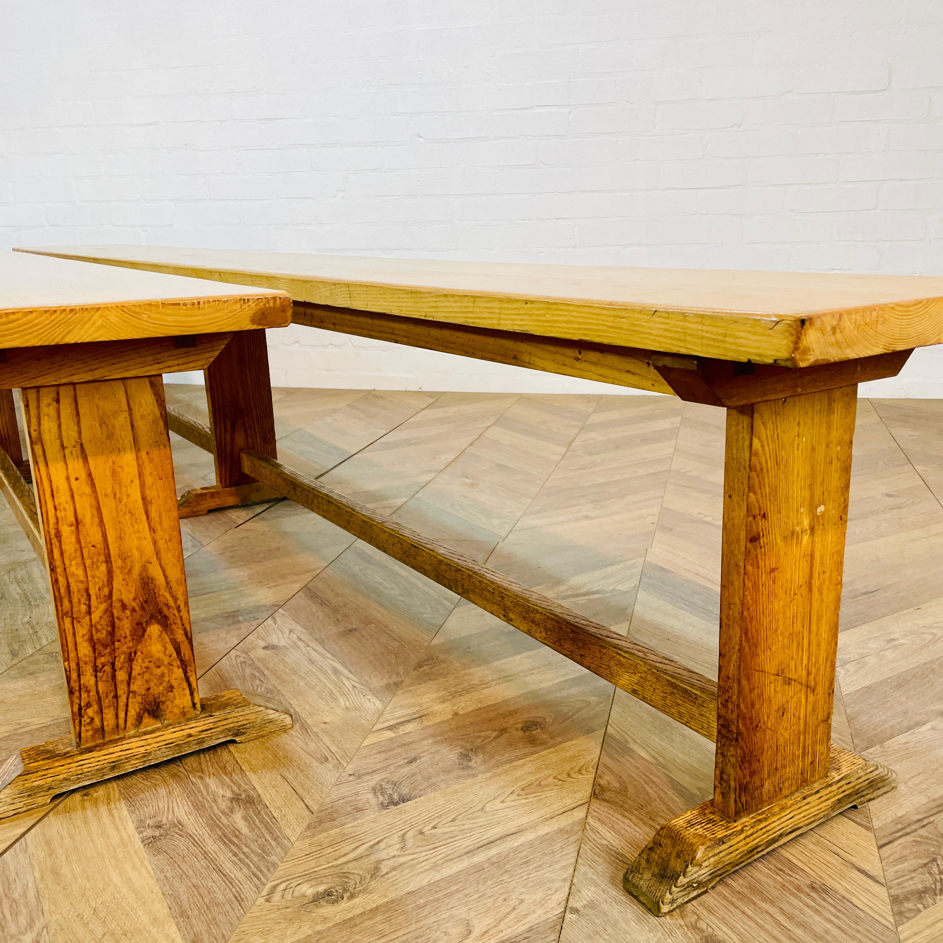 Mid-20th Century Vintage Ex-School Long Oak Benches, Set of 2, 1950s For Sale