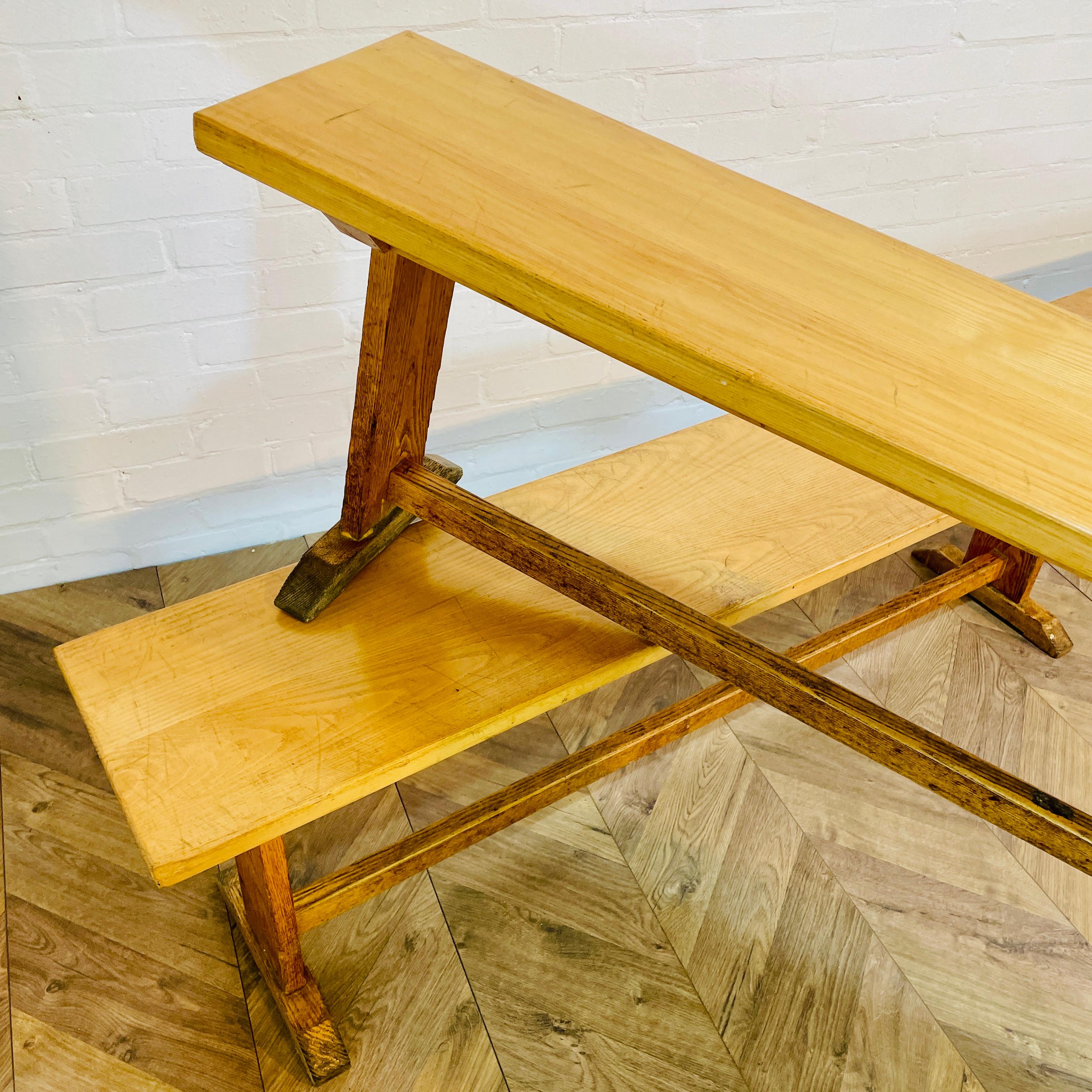 Vintage Ex-School Long Oak Benches, Set of 2, 1950s For Sale 1