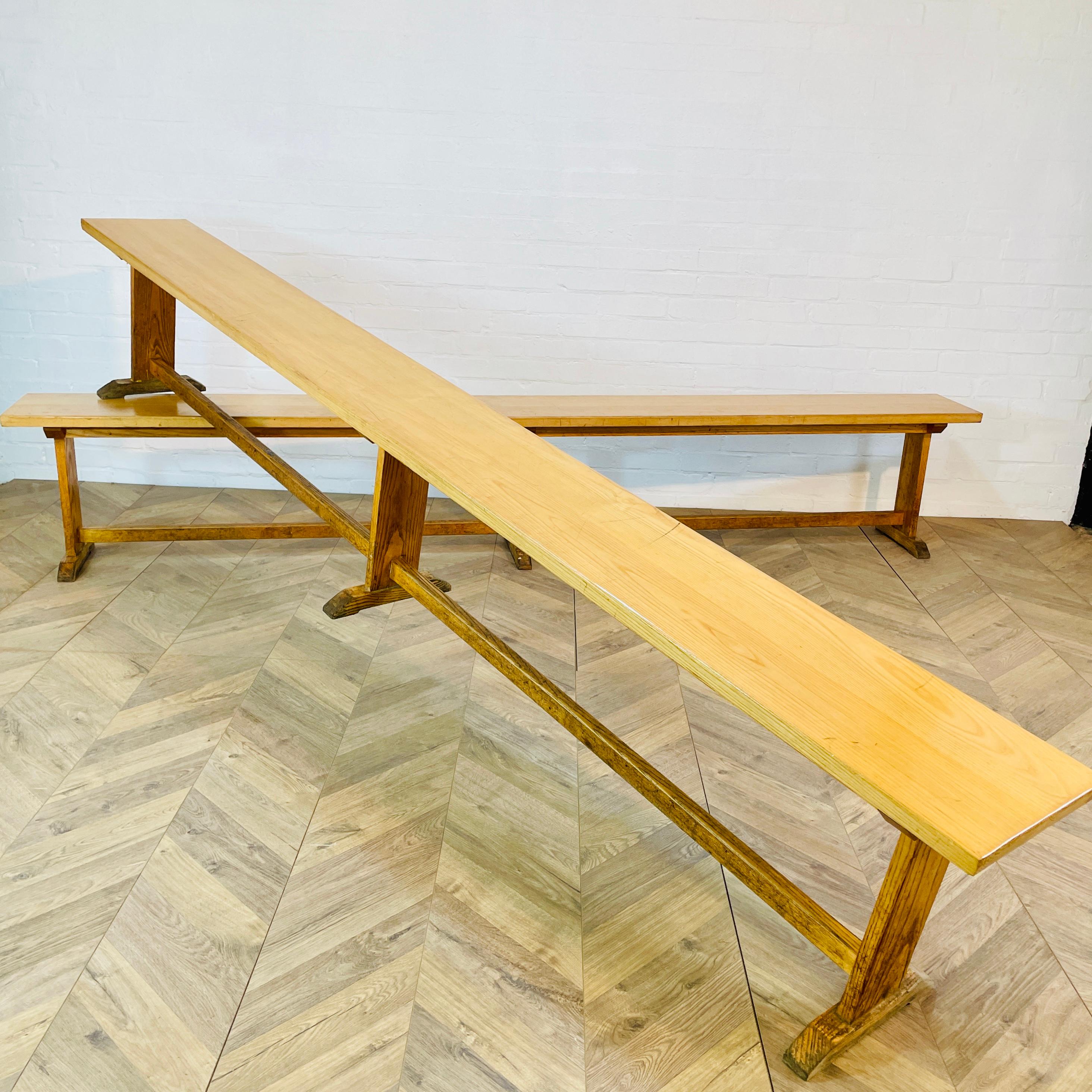 Vintage Ex-School Long Oak Benches, Set of 2, 1950s For Sale 3