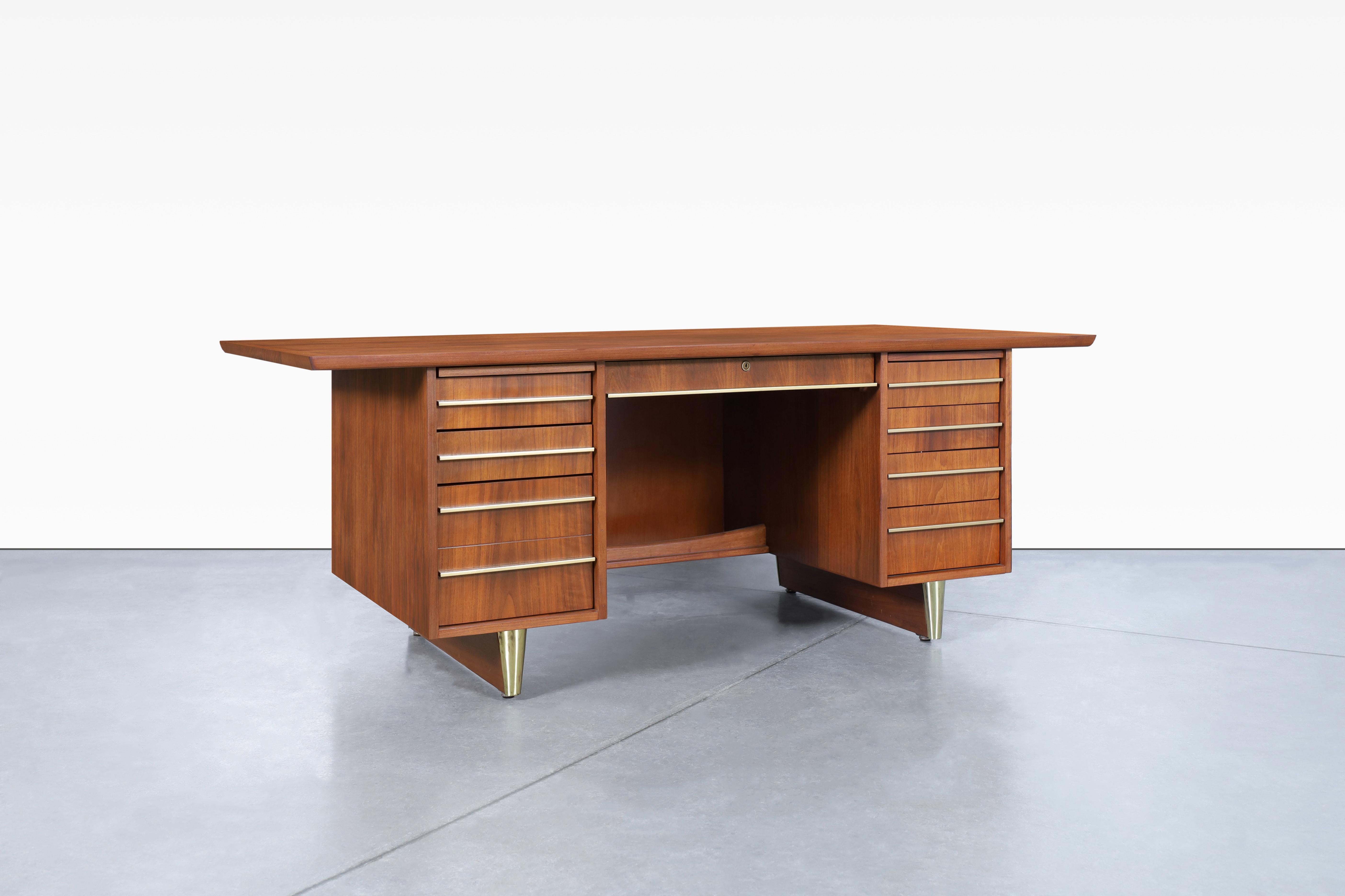 Mid-Century Modern Vintage Executive Brass and Walnut Desk For Sale