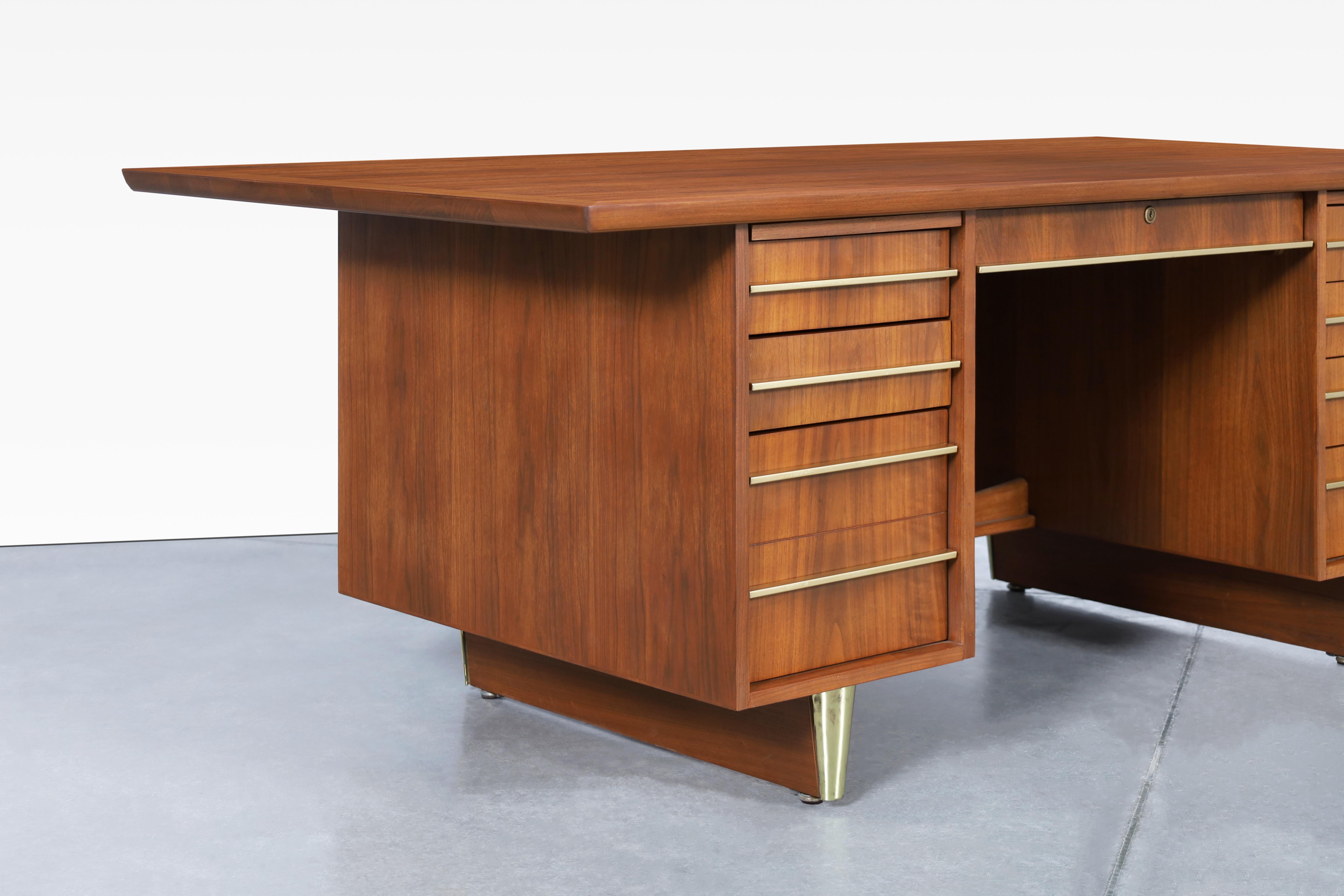 American Vintage Executive Brass and Walnut Desk For Sale