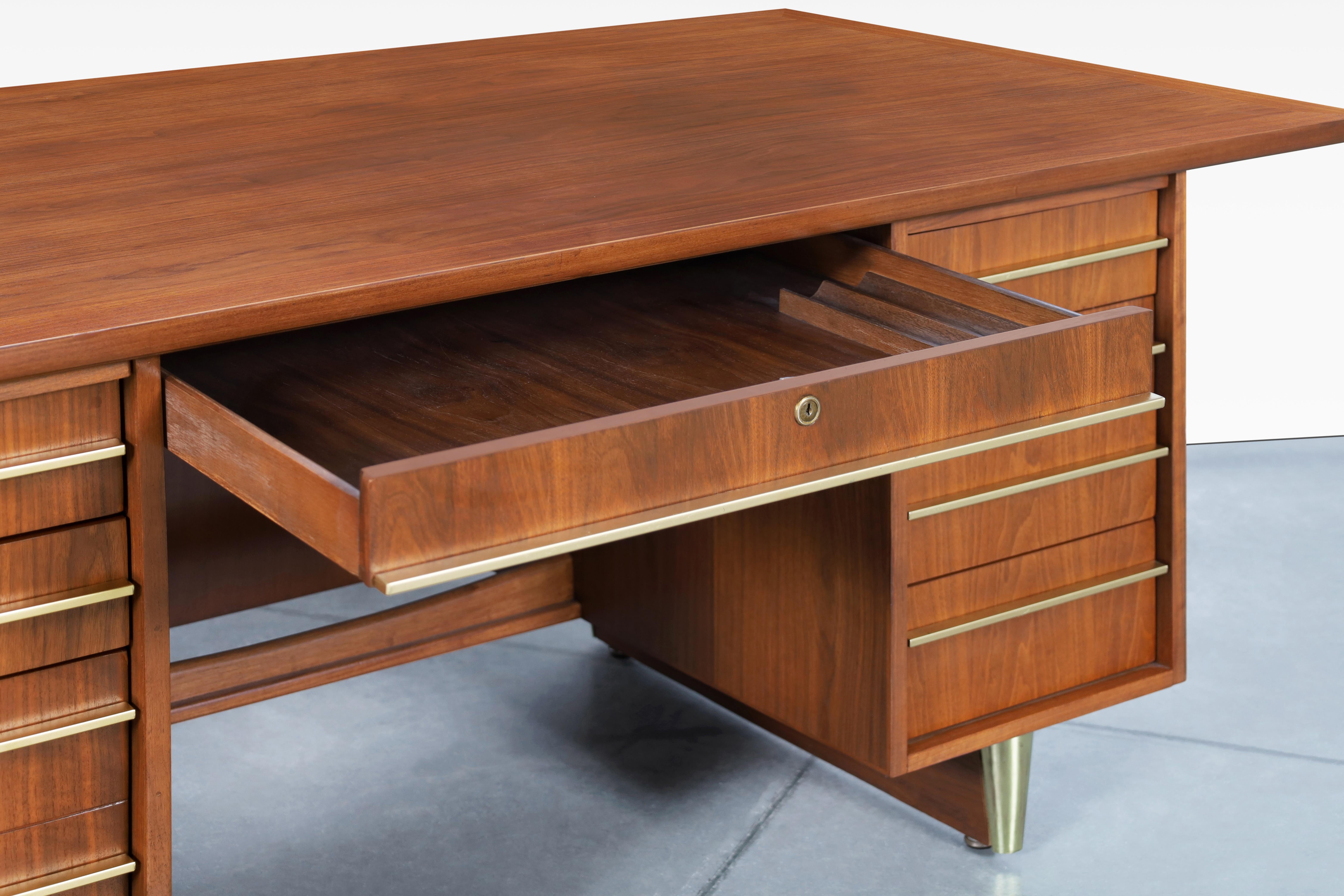 Mid-20th Century Vintage Executive Brass and Walnut Desk For Sale