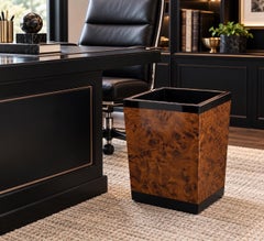 Vintage Executive Burl Wood and High-Gloss Black Wastebasket