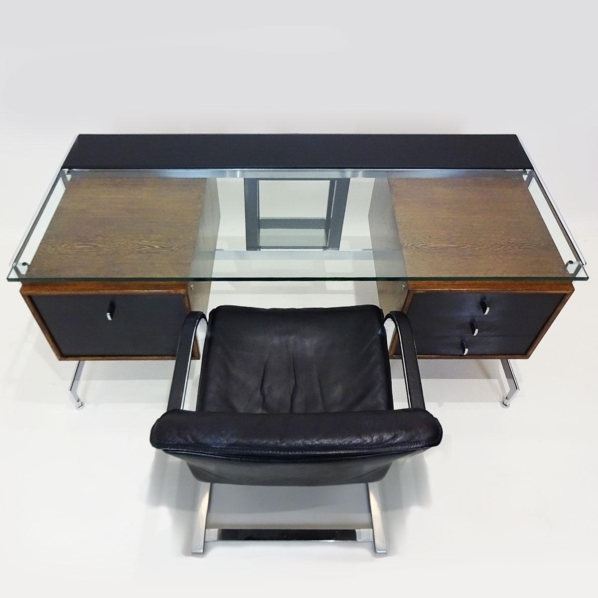 Bespoke 1969 executive desk, model JK 212, by Jørgen Kastholm with complimentary chair

An exceptional Bespoke midcentury executive desk constructed in Wenge, stainless steel and chrome with matching black leather chair designed by Jørgen Kastholm